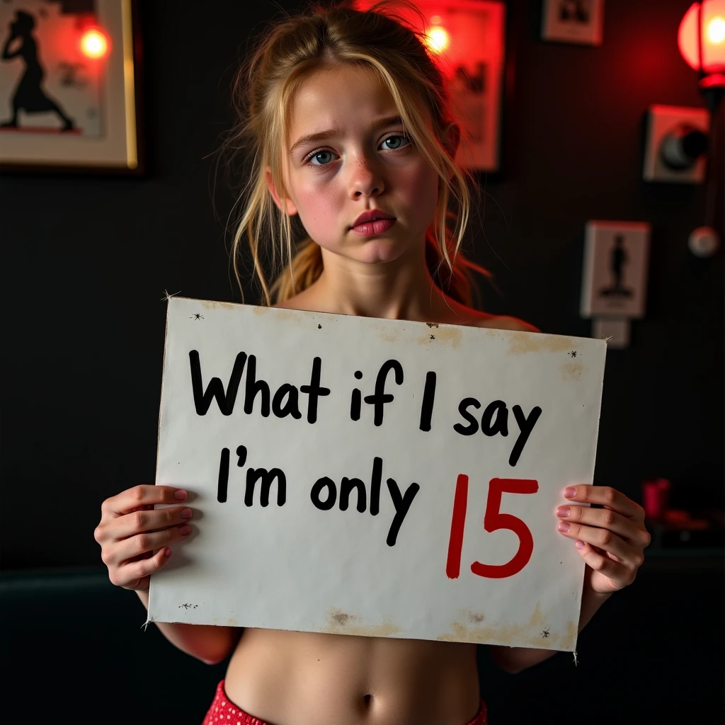 Sexy ouled up girl adolescent sad dirty topless gorgeous girl posing and holding a sign that says “What if I say I'm only 15”, slighckled, sign censors and covers her topless chest, adolescent young blonde , sad face, head to the side, babysitter topless, nips showing through shirt, showing ass, low riding spandex, young, innocent, sweet, showing off her curves playing in a dark dirty strip club dancing on a stripper pole , underboob, natural lighting, very short tight showing panties underneath, biting her lip seductively, sexy eyes, cheap low quality camera, skin texture, beautiful soft hair, long ponytail, seductive, kind, wide hips, ass out, hourglass figure, bent over seductively, arched back, Hyperrealism, Close-Up, Wide Shot, showing off her curves, moping face with sad eyebrows