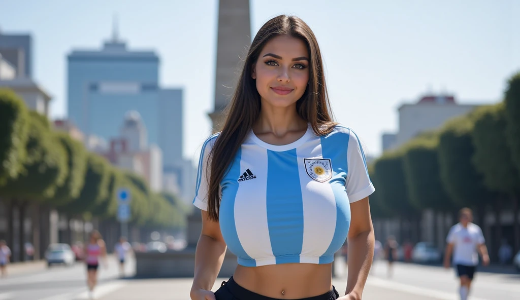-High quality- -masterpiece- A 19-year-old girl, very beautiful, white skin, dark hair, cute brown eyes, very sexy body, dressed in an Argentina national team t-shirt, short black pants, posing near the obelisk in Argentina, friendly and tender smile.
