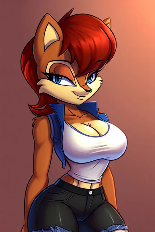 Sally acorn, busty, small waist, white tank top, black shorts, thighs, cleavage, denim vest opened