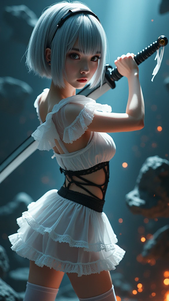 yorha 2b automaton, short silver hair with bangs and a black headband,blindfold, wearing a detailed white dress with puffed sleeves and lace trim, holding a sword, standing in a dynamic pose, looking off to the side, smooth skin, dark and dramatic background with floating debris, side lighting creating shadows and highlights, intense and action-packed atmosphere, medium angle shot, focused on the subject with a blurred background for depth, well-exposed.(yorha 2b automaton:1.6), (YoRHa No.2 Type B), Final Fantasy XIV, (Yoko Taro), 2B (Nier: Automata), 
