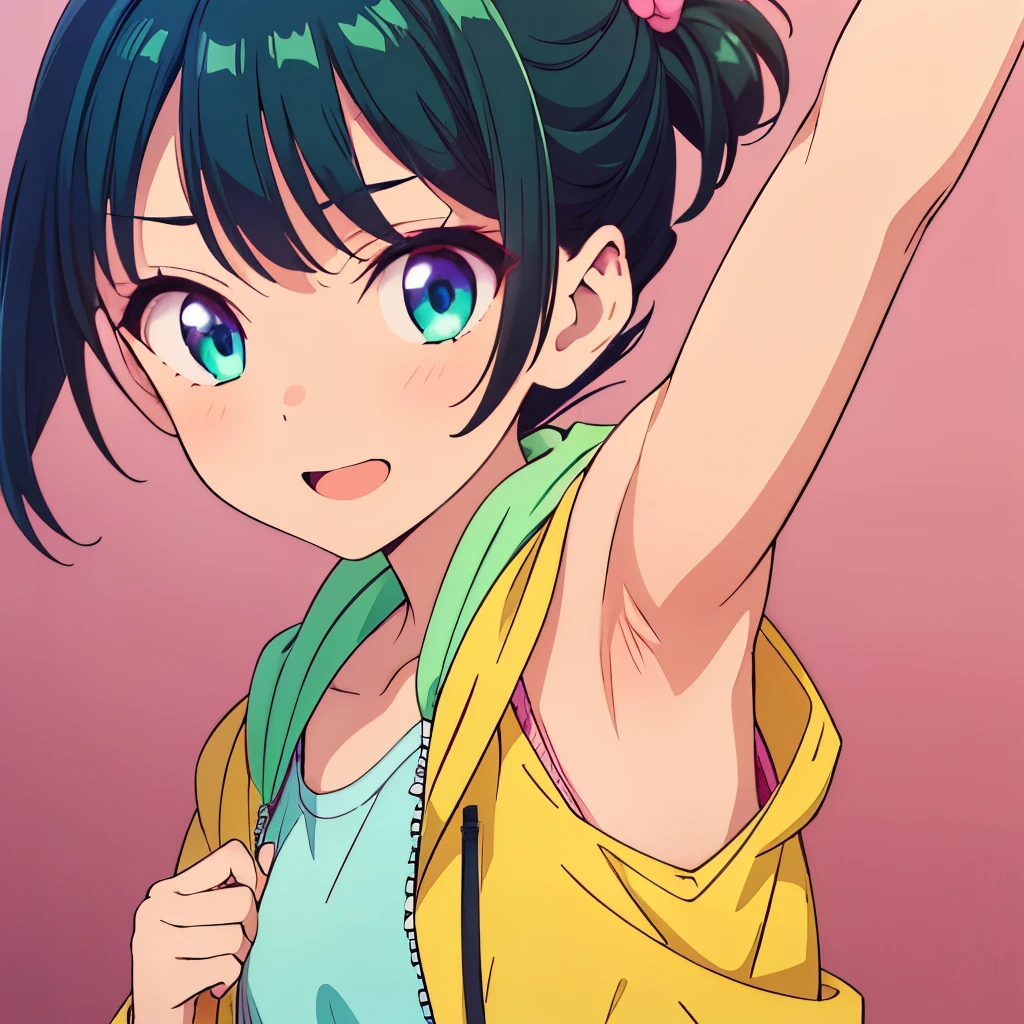 (( top quality)), ((masterpiece)), (  Details), smile, One Girl ,perfect hand, perfect eyes,Glowing Skin, black hair,Inner hair ,Inner color green, bob hair, shorts , jacket, face up, face up,Armpit,Armpit見せ,