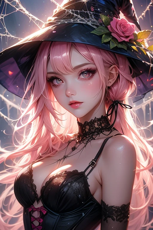 High quality, high resolution, beautiful girl with long hair, pink hair and pink eyes, black gothic lolita outfit, moonlit night, magic wand, Korean glitter eye makeup, very delicate makeup, shiny hair