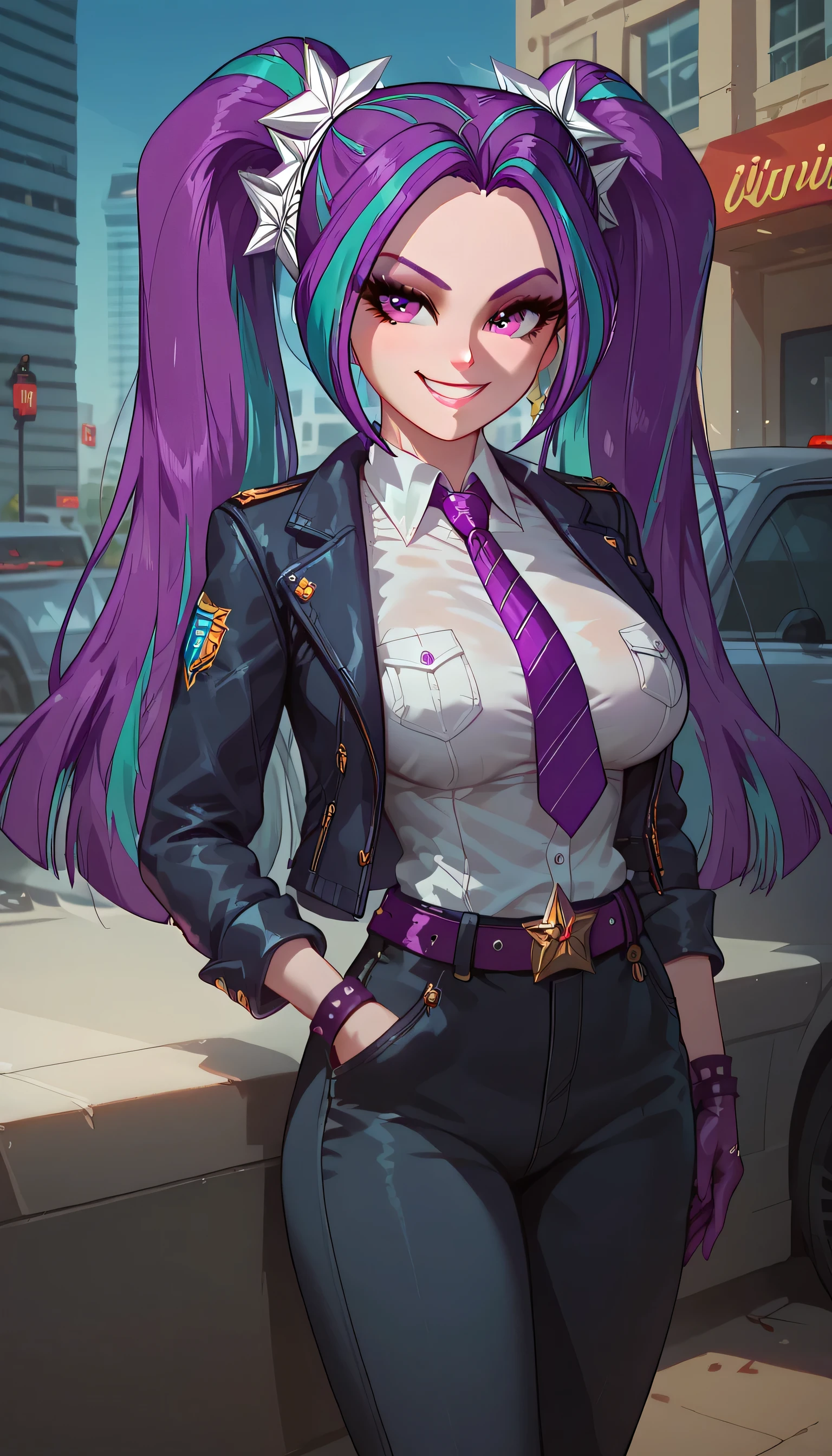 1girls, solo, female_focus, necktie, formal, gloves, suit, , adjusting_clothes, belt, hand_in_pocket, shirt, , jacket, pants, long_sleeves,large breast,Expressiveh,Windows, Building,Evil smile,Aria BlazeEQG Twintails Purple hair Pink eyes 