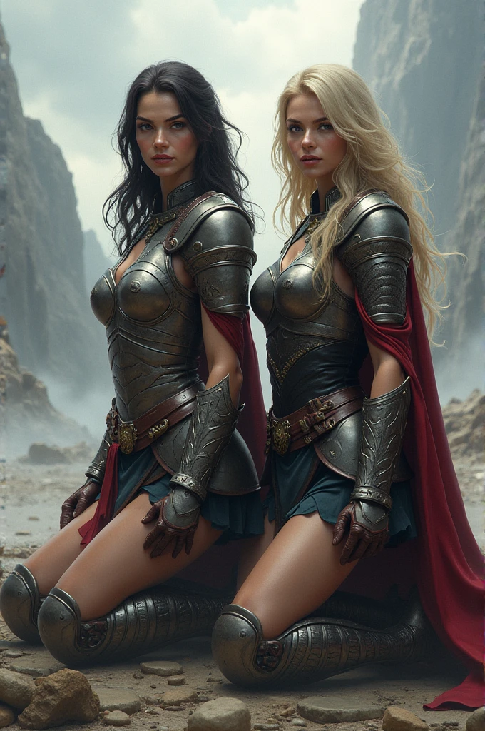 Character: Gender: Female Age: Mature (combines "veteran warrior" and "milf") Body type: Strong and athletic Skin: Very pale Hair: (details missing from prompt, can be added later) Attire: Armor: Full body, heavy armor (preferably red accents) Clothing: Red cape Adventurer's outfit (suggests practicality and readiness for exploration) Brown leather boots Pose: Full body standing Straight posture Symmetrical (implies a confident and imposing stance) Additional Notes: Avoid overly sexualized terms ("bimbo") Consider replacing "milf" with a descriptor that emphasizes experience, like "seasoned warrior" Optional details you can add: Hair color and style (e.g., long flowing braid, short and practical) Specific details about the armor (e.g., decorated breastplate, ornate helmet) Facial expression (e.g., determined, stoic)