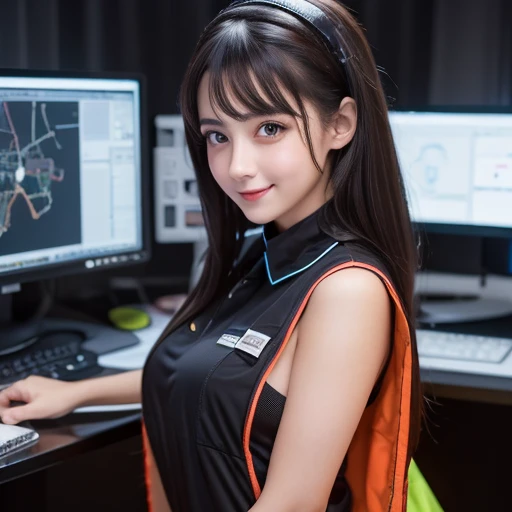 An absurd resolution, high res, (masterpiece: 1.4), super detailed , dark-haired young woman dressed as a technician, blushing and excited expression , Dark haired young woman dressed as a