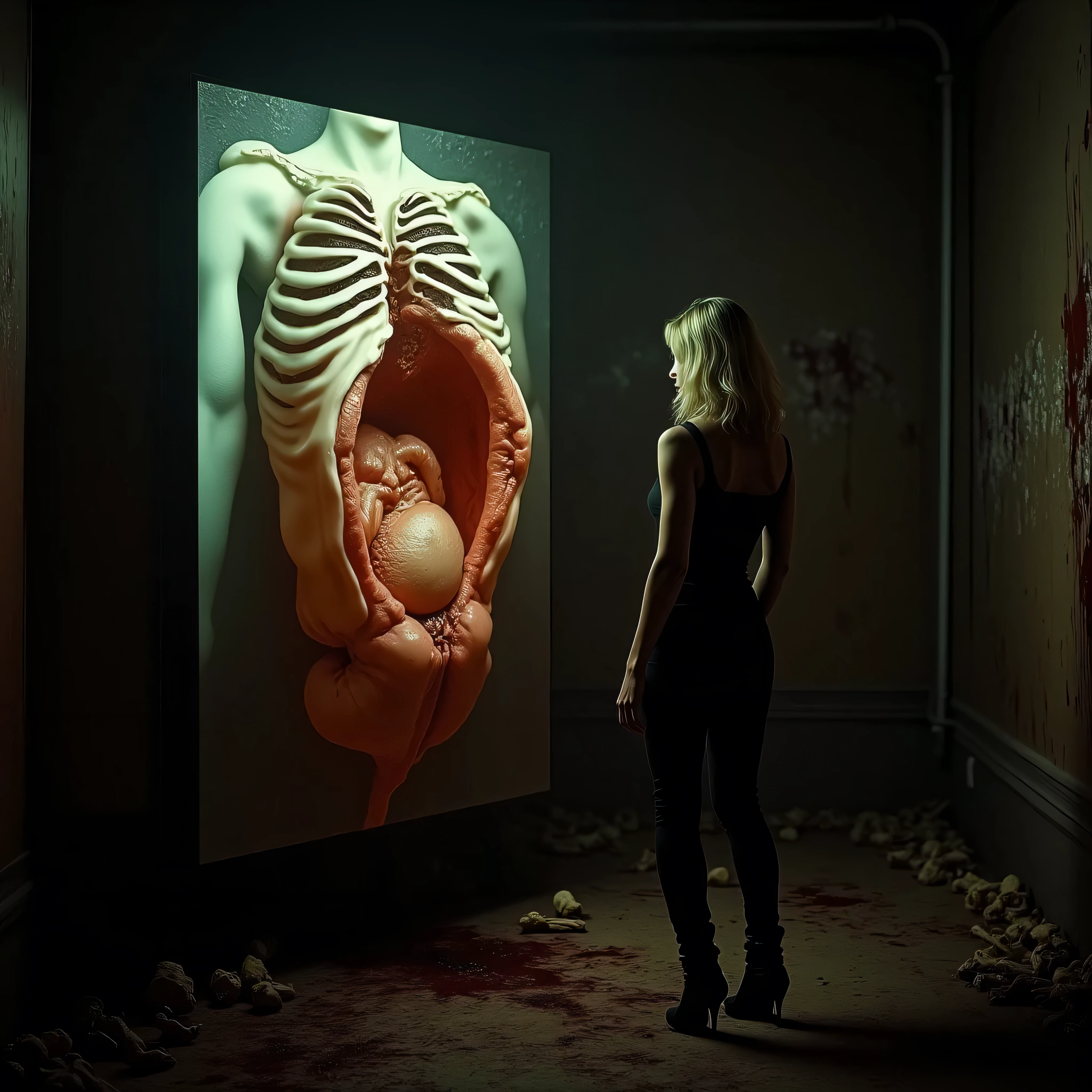 "(the best lighting, high contrast , dark, dramatic),(mujer rubia junto a un fetus gigante de gelatina, Open the rib cage, fetus, autopsy, human bones, blood on the walls), tv on . Light Caravaggio"
