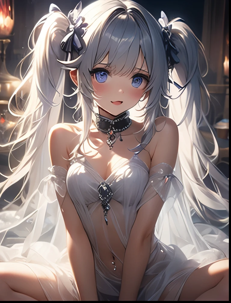 (((SFW、Precision、Highest quality、A first-class masterpiece、Normal body、8k、 Detailed Face 、Ultra-precision、 Normal hand、5refer to、Highest)))、" Spirit Fantasy"、Celia Claire、Celia Claire、 Silver Hair、 twin tails、 short、 slender、Big Breasts、rolled up sheer sheer transparent dress、 sheer sheer transparent mini skirt、Navel exposed、 gentle shy blush smile、 Open Legs Sexy Poses That Make the Highlights Go Away、Chain lead slave collar、The Fall of Slaves、Fall into Darkness、 hypnotic state 、Hypnotic、 Hollow Eyes、Mysterious purple eyes、Obedience、 offer yourself、Open your mouth and serve 、 heart tattoo on abdomen、Slave Room、臍にHentai Pubic Tattoo Design