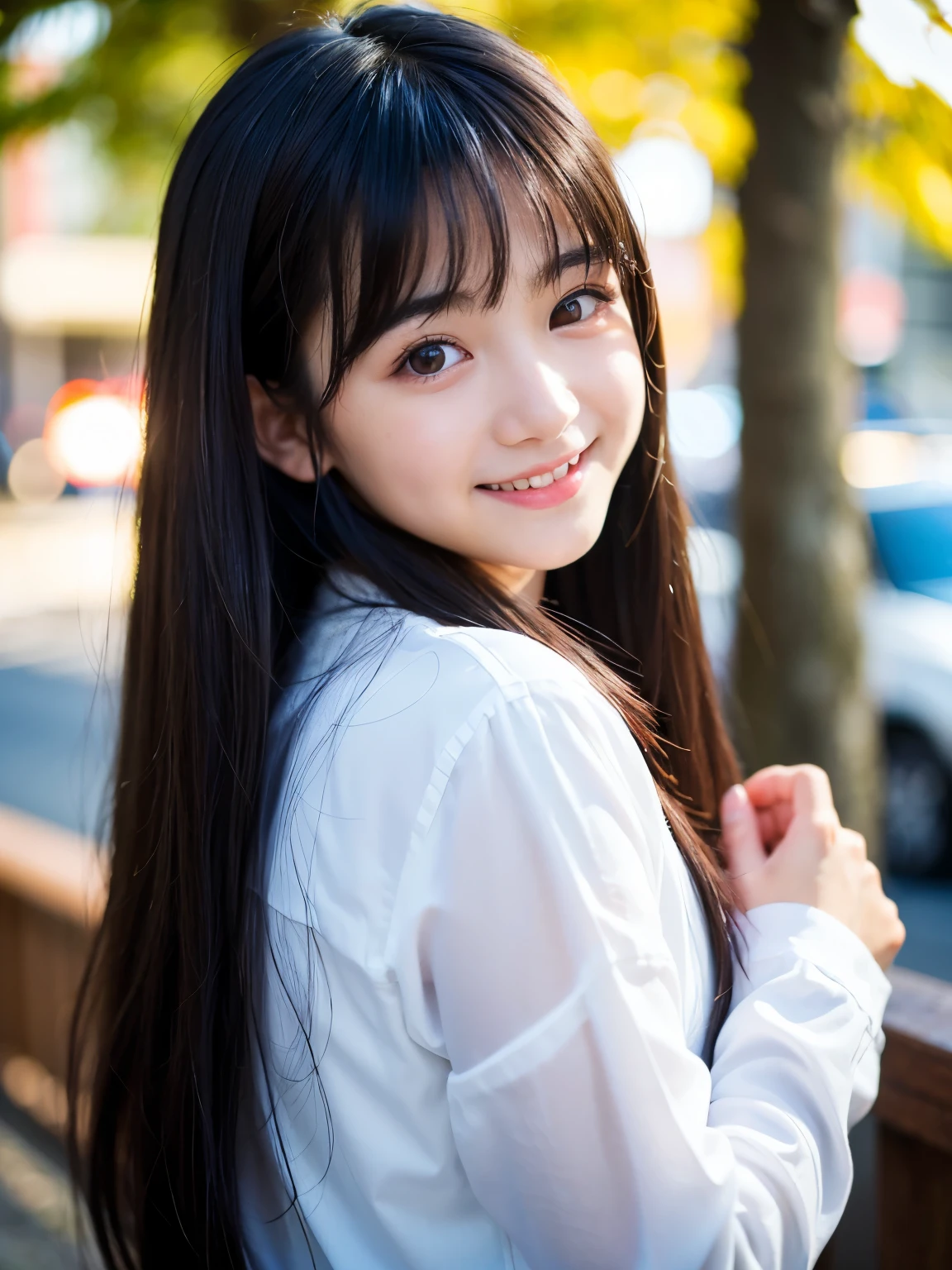 Best image quality, Focus, Soft light, Black hair, (Japanese)), (((Front, 15years old))), (Depth of field), Ultra high resolution, (Real: 1.4), RAW photo, (( school teacher outfit)), smiling face, at school