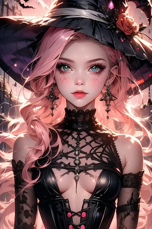 "Woman, long curly hair, pink hair, blue eyes, elf, halloween, witch, sexy, pumpkin, dark place, sensual