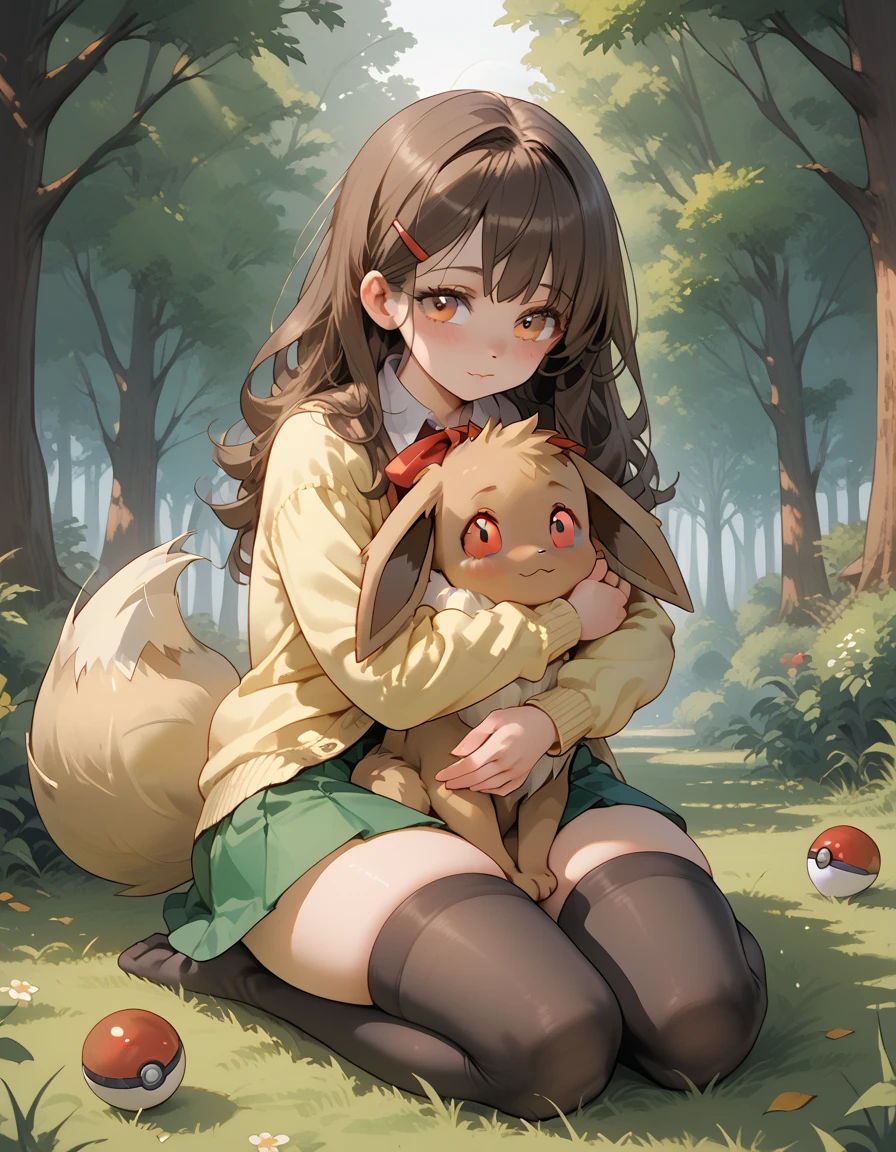 A teen girl with long brown hair, amber eyes, huge breasts, thick thighs, white blouse, yellow cardigan, black stockings, green skirt, red ribbon, high school girl, grass, warm light, afternoon, shy gaze, adorable, loli, pokemon trainer, pokeball, forest, pokemon, hugging, hugging a eevee, eevee, filtering lighting, light filtering through leaves, raytracing, chiaroscuro lighting