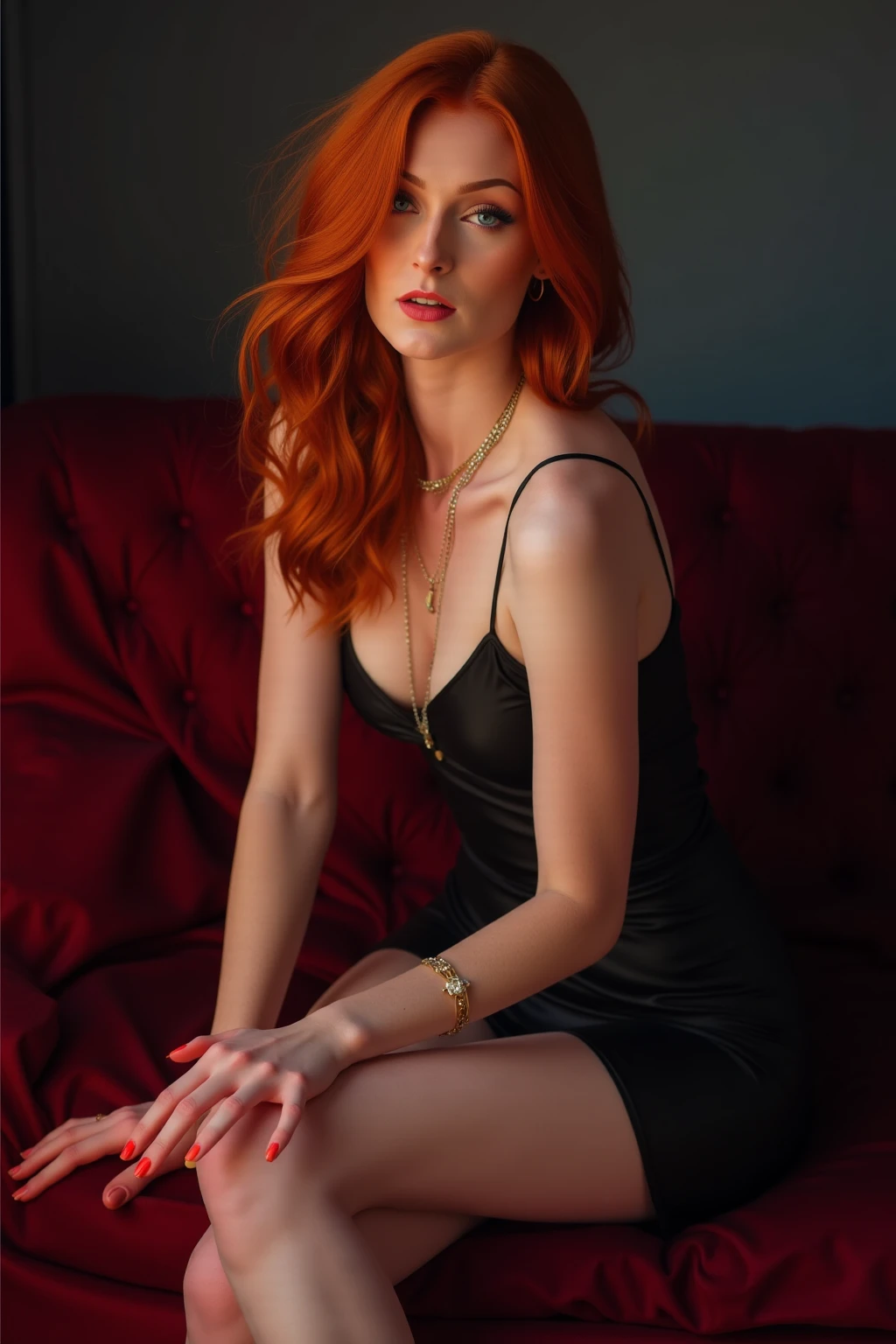 a one woman, aged 50, 1,50 tall, red hair, medium breasts, medium sized butt, wearing a short black satin dress, sitting on the sofa in a sophisticated living room with her legs crossed, room lit by lamplight.