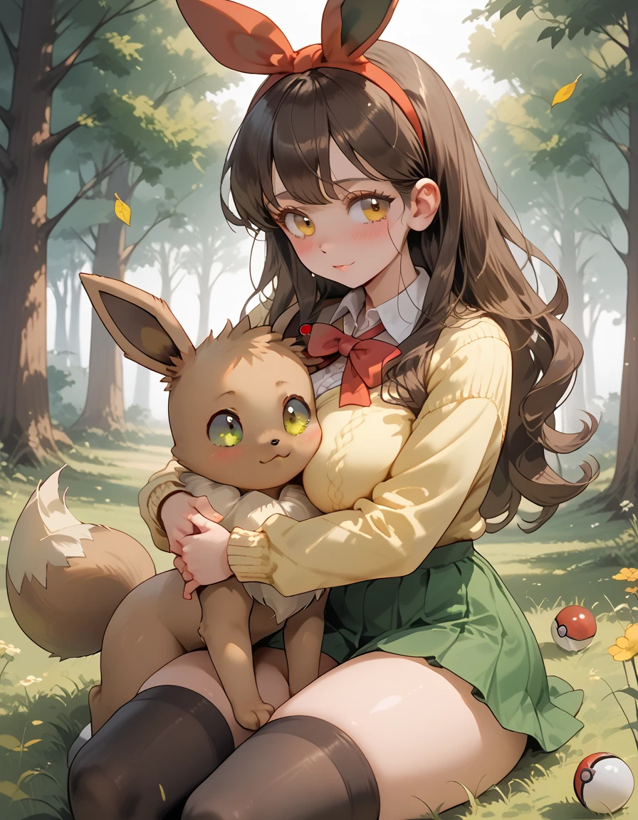 A teen girl with long brown hair, amber eyes, huge breasts, thick thighs, white blouse, yellow cardigan, black stockings, green skirt, red ribbon, high school girl, grass, warm light, afternoon, shy gaze, adorable, pokemon trainer, pokeball, forest, pokemon, hugging, hugging a eevee, eevee, filtering lighting, light filtering through leaves, raytracing, chiaroscuro lighting