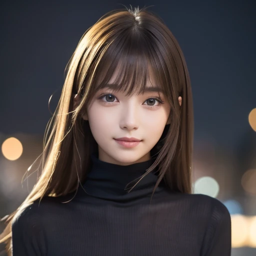 one 19 year old girl, (Dark yellow turtleneck thin sweater), Raw photo, highest quality, photorealistic, very delicate and beautiful, very detailed, 8K wallpaper, High resolution, soft light, very detailed目と顔, beautifully detailed nose, detailed and beautiful eyes, cinematic lighting, night city lights, perfect anatomy, slender body, well-shaped chest, straight hair, smile, asymmetrical bangs, light brown hair