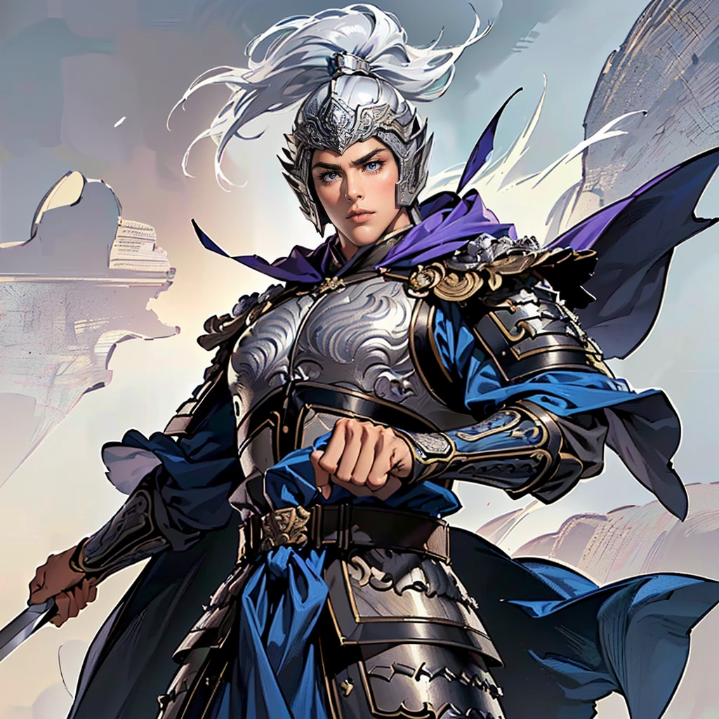 ( top quality,4K,8k, high resolution,masterpiece:1.2),super detailed,(super fine illustration),((( A man in armor with a sword drawn in an anime-style illustration ))),20 years old,(handsome man:1.3, neutral face ),Heroes of the Three Kingdoms,Expression full of supremacy ,((Long black hair and droopy bangs :1.3)), detailed eyes :1.2, perfect eyes,(( Attractive Dark Eyes )),( well-trained body, thin macho),cinematic lighting, soft shadows,((Silver armor with designs leading up to detailed works of art :1.3, is deeply covered by an ancient Chinese silver helmet drawn in detail:1.3,A large purple cloak fluttering in the wind behind its back :1.3,dynamic pause:1.3, holding an ancient Chinese sword drawn in detail :1.3)),(( cowboy shot :1.2)),(( white background:1.3,simple background:1.2)),(( :1.3, depicted so as not to be visible from the tip of her head to above her knee :1.3))