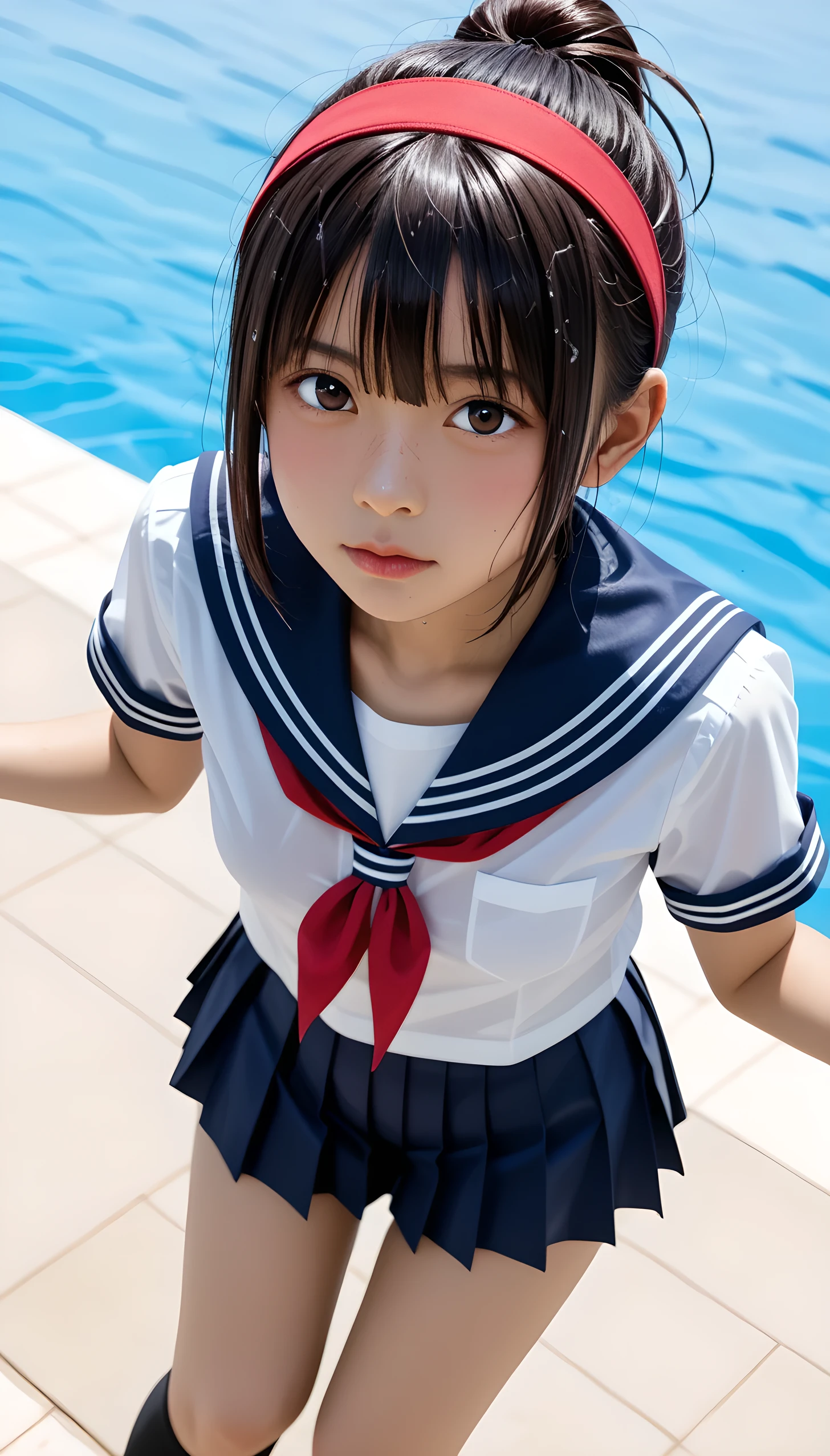  wet、masterpiece 、  top quality  、 Super high resolution、 realistic、 beautiful lighting arranged in an orderly manner、  RAW photos 、4K Ultra HD、  super detailed face、Clear Face、Detailed eye、 beautiful eyes、1080P、 tan dark skin 、 black hair,   wet hair、 short bob cut , bangs、 Ponytail、 horny 、 young gravure idol who lost weight、、 red headband、 white gloves、((( Tight Small Breasts、 tight breasts)))、((( viewersに近づけるようにお口を持っていきます)))、((( wet hair ))),((( blue sky)))、(((wet Japanese ***************** girl 、  navy sailor color 、wet sailor shirt、 wet pleated skirt 、 black knee socks、Wear black shorts)))、 Japanese ***************** Girls Wearing School Uniforms、((small outdoor pool 、 viewersを見つめながら顔を近づけキスをする)) break ( messy bun  ) break ((( EXTREME FACE UP SHOT ,  viewers, the above ))), ((  viewersにひざまずく))、( perfect anatomy)、 break ((Upper eyelid))、((( midi skirt)))、 thin beautiful thighs 、 beautifully manicured hair 、 oily skin 、Five fingers