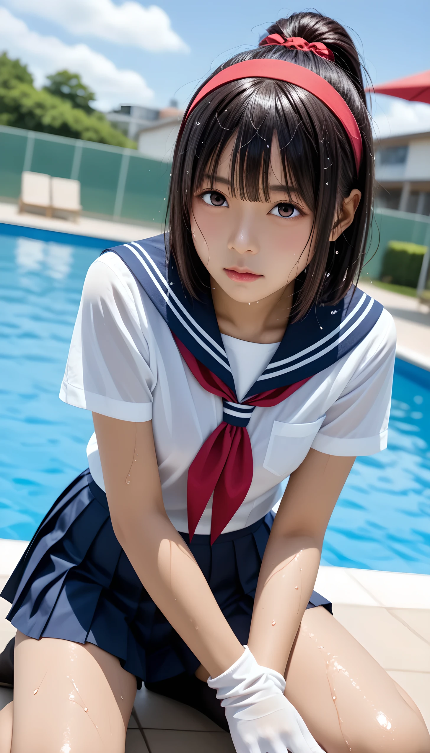  wet、masterpiece 、  top quality  、 Super high resolution、 realistic、 beautiful lighting arranged in an orderly manner、  RAW photos 、4K Ultra HD、  super detailed face、Clear Face、Detailed eye、 beautiful eyes、1080P、 tan dark skin 、 black hair,   wet hair、 short bob cut , bangs、 Ponytail、 horny 、 young gravure idol who lost weight、、 red headband、 white gloves、((( Tight Small Breasts、 tight breasts)))、((( viewersに近づけるようにお口を持っていきます)))、((( wet hair ))),((( blue sky)))、(((wet Japanese ***************** girl 、  navy sailor color 、wet sailor shirt、 wet pleated skirt 、 black knee socks、Wear black shorts)))、 Japanese ***************** Girls Wearing School Uniforms、((small outdoor pool 、 viewersを見つめながら顔を近づけキスをする)) break ( messy bun  ) break ((( EXTREME FACE UP SHOT ,  viewers, the above ))), ((  viewersにひざまずく))、( perfect anatomy)、 break ((Upper eyelid))、((( midi skirt)))、 thin beautiful thighs 、 beautifully manicured hair 、 oily skin 、Five fingers