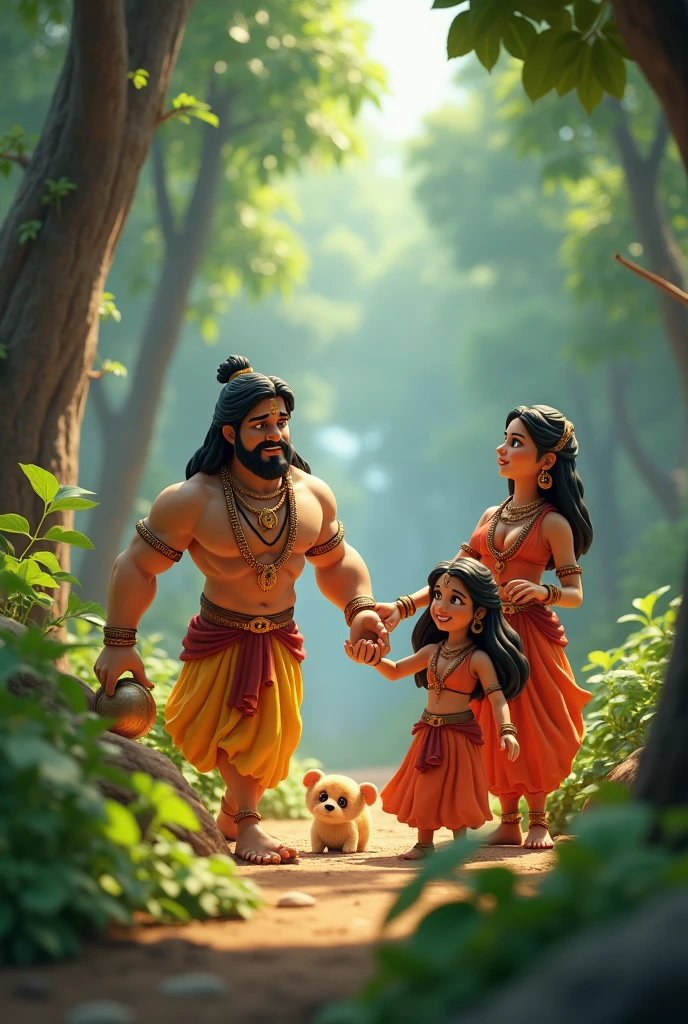 In cinematic 3d cartoon styles "Lord Ram's exile:
One scene shows Lord Rama, his wife Sita, and brother Lakshmana traveling through a dense forest. They are walking among the dense trees and bushes of the forest, along with a small hut that may be shown as their temporary residence."