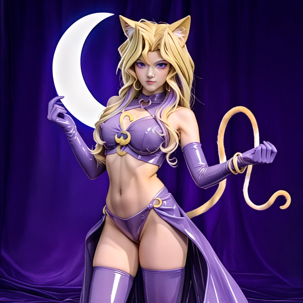 （Peacock Dance）、（reality）、（  Japanese Cosplayer）、（）、  1 girl, Dyed blonde、Cat girl, Tail,    revealing clothes,   Dancer Costume ,   center open ,purple rubber leotard bondage、 Purple gloves,   elbow gloves  ,,（Moonlit Night、moonlight、  crescent）