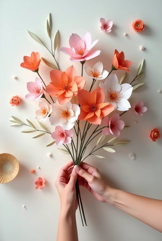 bouquet of paper flowers and two hands as if they were making them