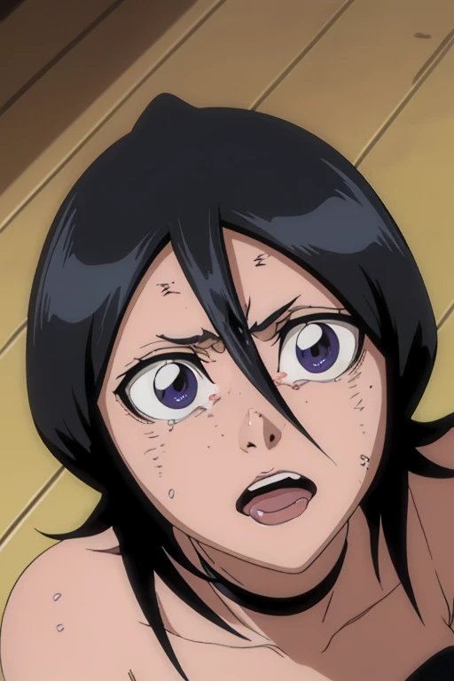 Kuchiki Rukia, Blowjob, Sideview, ((masterpiece)), ((detailed)), ((Deep Throat Action)), POV, ((huge dick is fully in her mouth)), blush, vide open eyes, Close-up on her tits, covered in cum, , shocked face expression, wide open eyes, man is grabbing her head while she is sucking, ((she is grabbing her own tits)), (creampie in mouth), tears in her eyes, (her eyes are red)