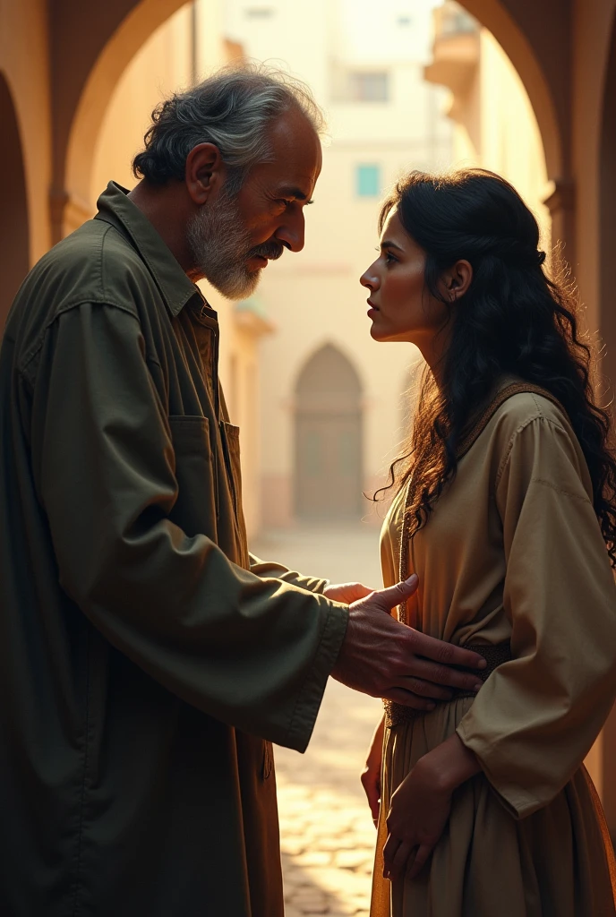 A close-up interaction between Hazrat Umar and the young woman. The woman, standing tall, speaks confidently, her expression calm yet firm.Blur Face of Hazrat Umar listens intently, his face reflecting respect and contemplation. The background is the dimly lit street, with the warm glow of lanterns casting a soft light on their faces. The scene captures the gravity of the moment, emphasizing the woman's unwavering strength and the mutual respect in their exchange.