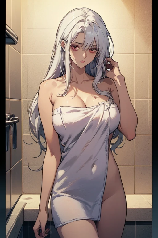 (white hair:1.3),long white hair,(((large breasts))),red eyes,(straight hair:1.2),(naked towel:1.3),cleavage,cowboy shot,adjusting hair,indoors, bathroom,, ((((masterpiece)))),(((hyper detailed))),((( highres icon))),((good anatomy)),(((best quality))),((an extremely delicate and beautiful)),((an extremely detailed and delicate)),((8k cg wallpaper)),((illustration)), long hair