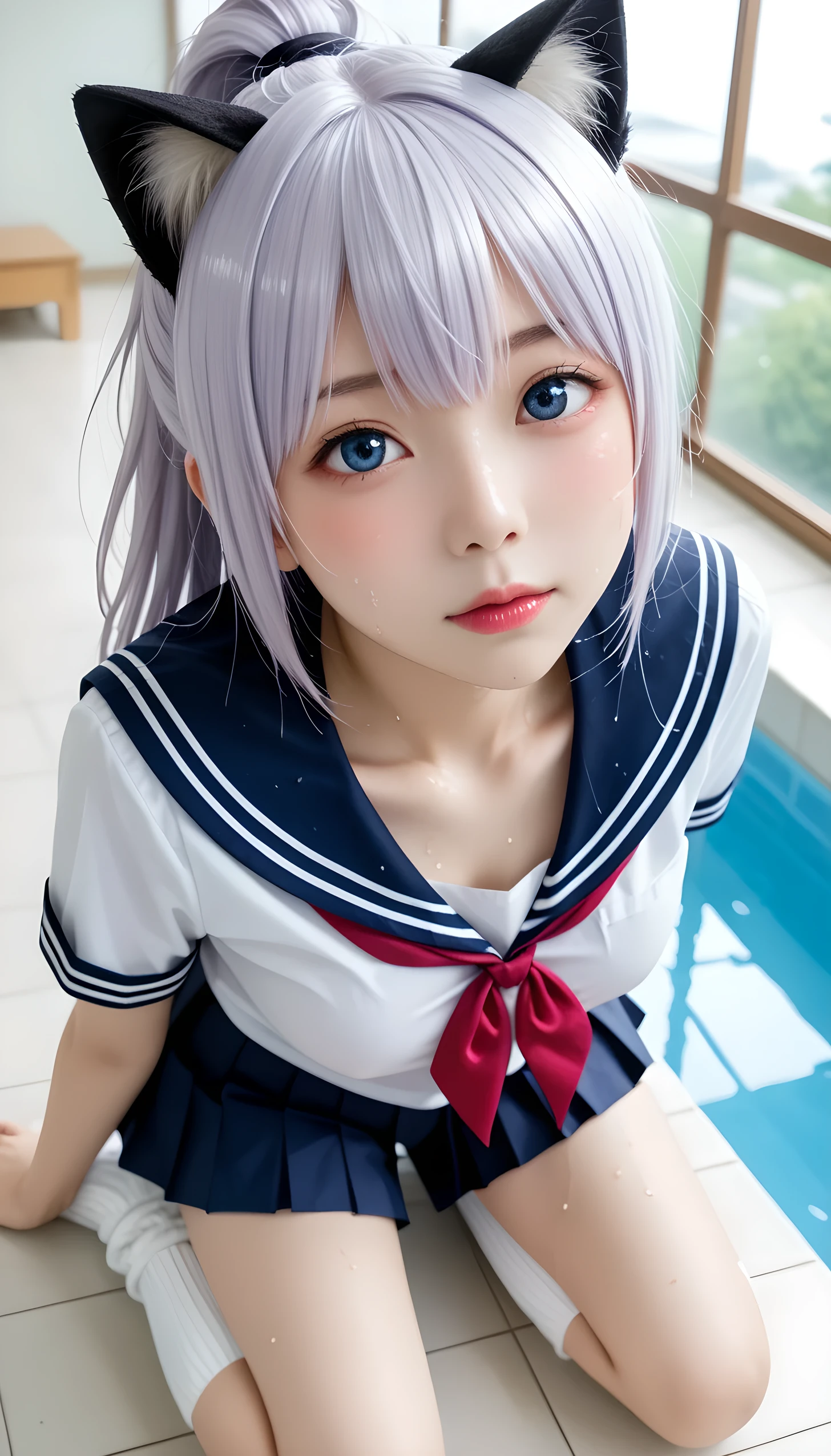  wet、masterpiece 、  top quality  、 Super high resolution、 realistic、 beautiful lighting arranged in an orderly manner、  RAW photos 、4K Ultra HD、  super detailed face、Clear Face、1080P、Detailed eye、 beautiful eyes、(Shy face)、 with blue eyes 、Silver-white hair、 Ponytail、 horny 、 young gravure idol who lost weight、cat ears、 white gloves、(((Cute Breasts、 tight breasts)))、((( viewersに近づけるようにお口を持っていきます)))、(((wet Japanese elementary school girl 、  navy sailor color 、Japanese elementary school girl wearing wet open shirt 、 wet pleated skirt 、 Loose Socks 、Wear black shorts)))、Japanese female elementary school students wearing school swimsuits 、((Indoor Pool、Inside a shallow pool tank))、(( viewersを見つめながら顔を近づけキスをする)) break ( messy bun  ) break ((( EXTREME FACE UP SHOT ,  viewers, the above ))), ((  viewersに腕を伸ばす、Kneel))、( perfect anatomy)、 break ((Upper eyelid))、((( midi skirt)))、 thin beautiful thighs 、 beautifully manicured hair 、 oily skin 、Five fingers