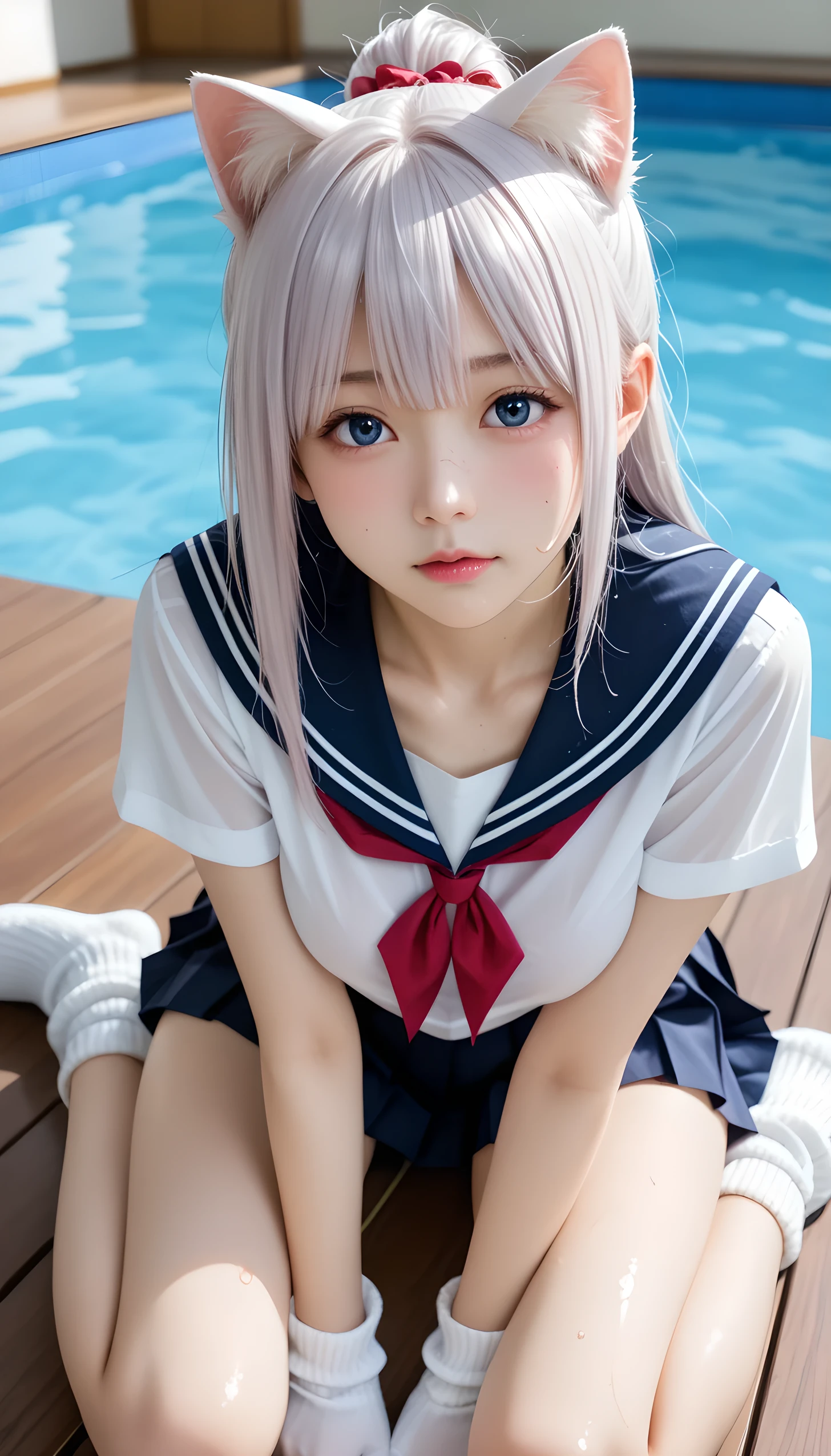  wet、masterpiece 、  top quality  、 Super high resolution、 realistic、 beautiful lighting arranged in an orderly manner、  RAW photos 、4K Ultra HD、  super detailed face、Clear Face、1080P、Detailed eye、 beautiful eyes、(Shy face)、 with blue eyes 、Silver-white hair、 Ponytail、 horny 、 young gravure idol who lost weight、cat ears、 white gloves、(((Cute Breasts、 tight breasts)))、((( viewersに近づけるようにお口を持っていきます)))、(((wet Japanese  girl 、  navy sailor color 、Japanese elementary school open shirt 、 wet pleated skirt 、 Loose Socks 、Wear black shorts)))、Japanese female elementary school students wearing 、((Indoor Pool、Inside a shallow pool tank))、(( viewersを見つめながら顔を近づけキスをする)) break ( messy bun  ) break ((( EXTREME FACE UP SHOT ,  viewers, the above ))), ((  viewersに腕を伸ばす、Kneel))、( perfect anatomy)、 break ((Upper eyelid))、((( midi skirt)))、 thin beautiful thighs 、 beautifully manicured hair 、 oily skin 、Five fingers