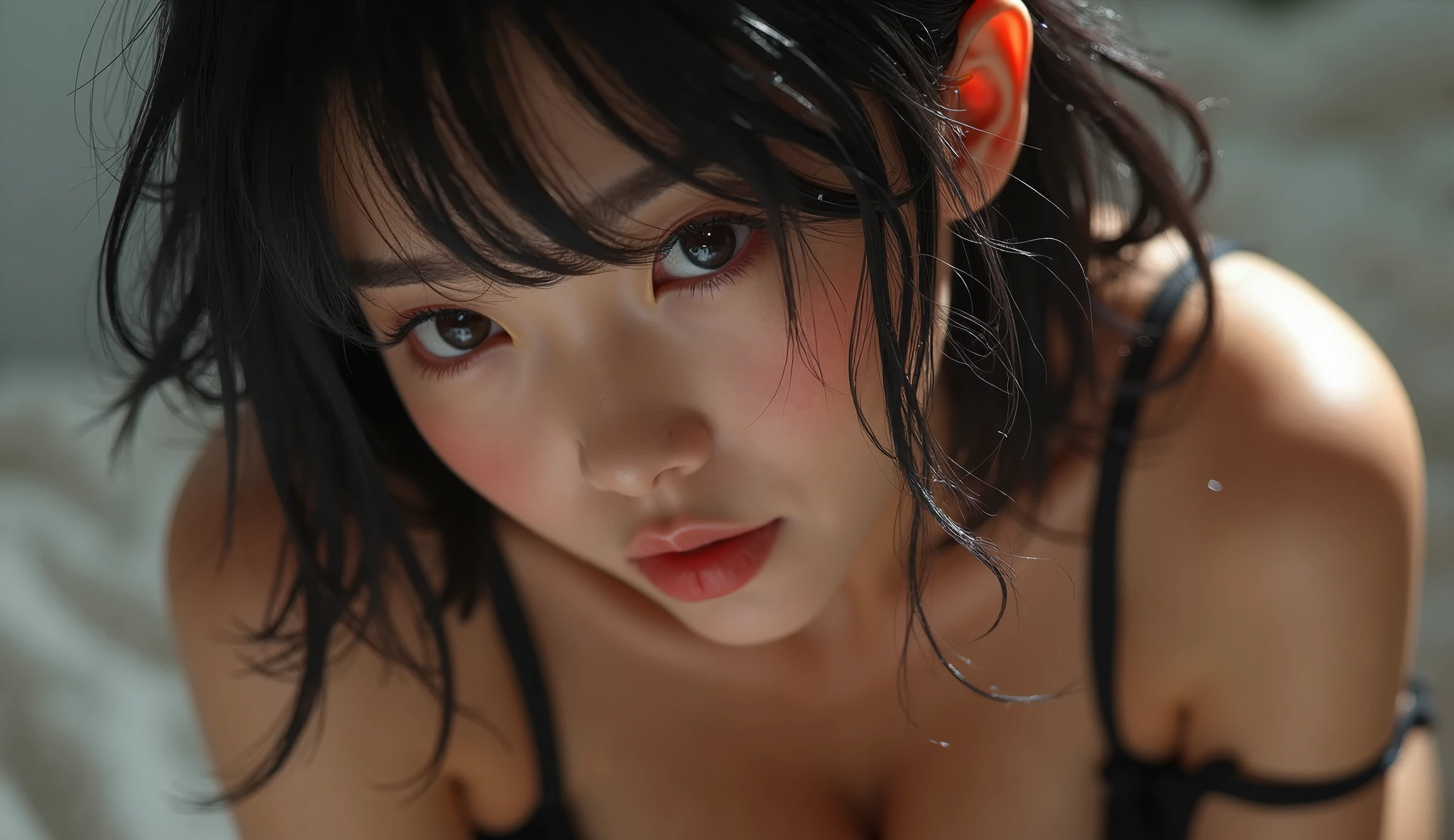(Browsing Caution),((Naked festival)), (masterpiece: 1.2, Highest quality), Dark Skin、((whole body))、((Flat Chest))、Side close-up、Close-up of an 18 year old woman、Top view、There's a lot of white slime on my face、look at the camera with a sad face、Drooling、 (High resolution), (Very delicate), (masterpiece: 1.2, Highest quality),Angle from below、