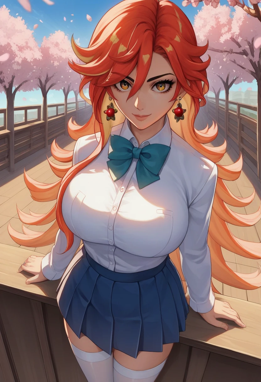  score_9,  score_8_above,  score_7_above,   source  _ anime BREAK 1girl ,  looking at the viewer , Cowboy shot, 
mavuikadwnsty , sun-shaped paboveils,  orange hair, jewelry, Earrings, multicolo red hair,  red hair, choke,  Bicolor Hair ,  hair between the eyes, camisa blanca,  collared shirt,  bow tie , falda pliSada, blue skirt,   school uniform  ,  white stockings,  al aire libre,  sunlight ,  schoolyard , cherry blossoms, blue sky, bank,  al aire libre,  sunlight ,  schoolyard , cherry blossoms, blue sky, bank,  session, on bank,
 big breasts, smile, Lips, neckline,