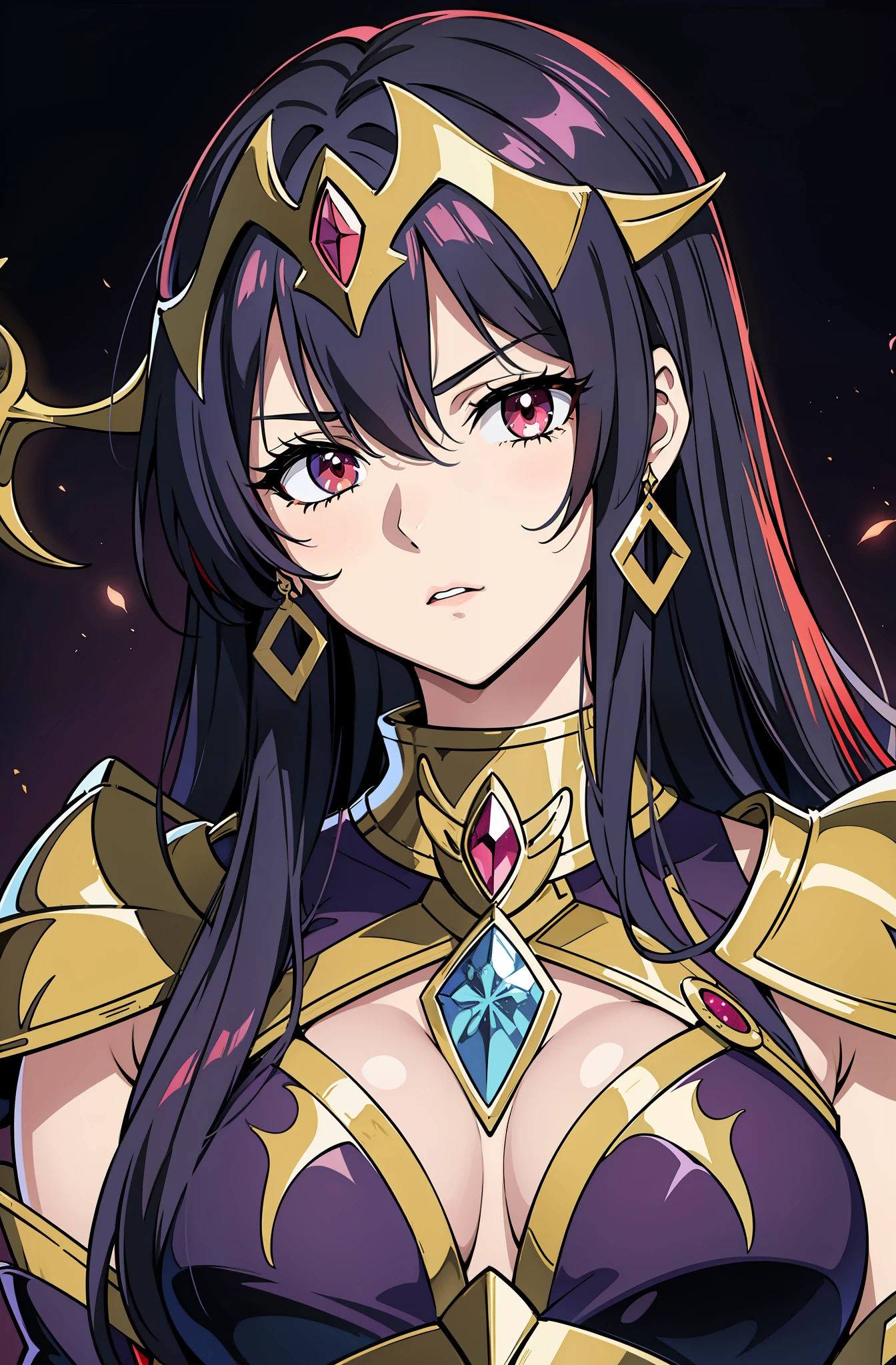 (high-quality, breathtaking),(expressive eyes, perfect face) 1girl, female, solo, adult woman, black color hair, red streaks in hair, crimson red eye color, long hair length, Symmetrical Eyes, portrait, halfbody, upper body, blank stare, gold shoulder pads, purple armor, breastplate, spectre armor, saint seiya inspired, evil queen vibe, cold expression, accessories, jewellery, half open eyes, saint seiya god cloth
