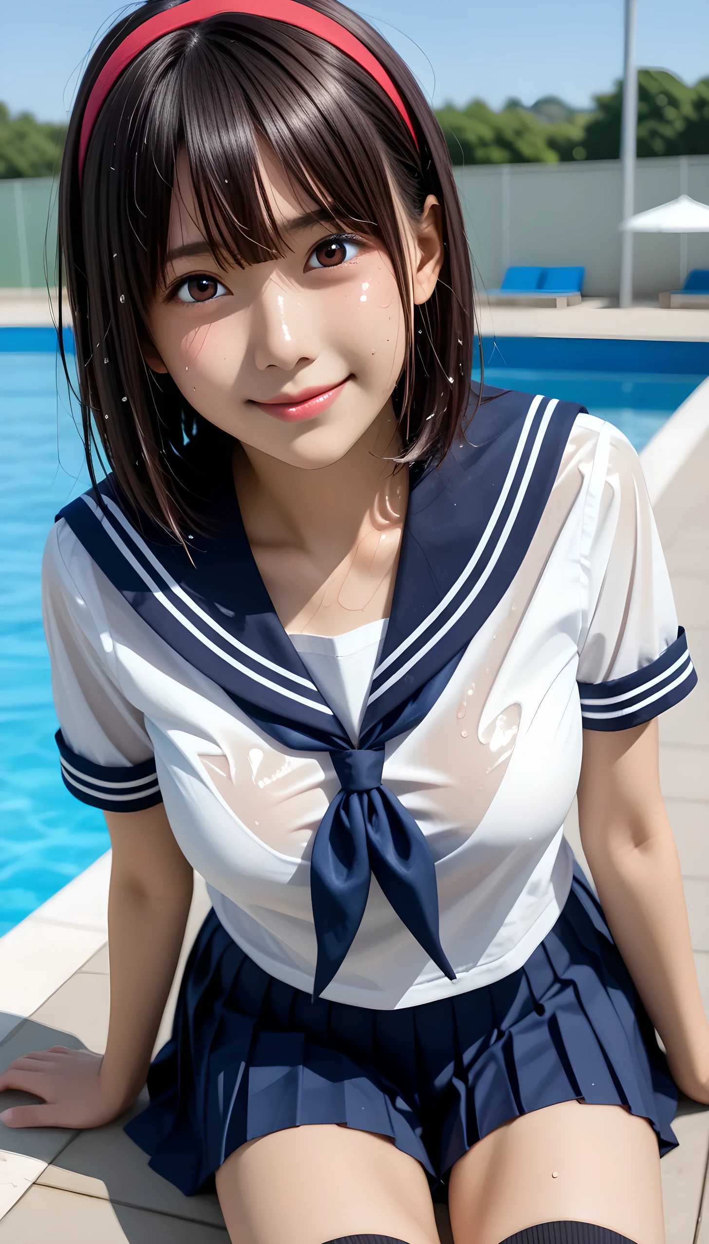  wet、masterpiece 、  top quality  、 Super high resolution、 realistic、 beautiful lighting arranged in an orderly manner、  RAW photos 、4K Ultra HD、  super detailed face、Clear Face、Detailed eye、 beautiful eyes、(Embarrassed smiling face)、1080P、 tan dark skin 、 black hair,   wet hair、 short bob cut , bangs、 Ponytail、 horny 、 young gravure idol who lost weight、、 red headband、 white gloves、(((Firm big breasts、 tight breasts)))、((( viewersに近づけるようにお口を持っていきます)))、((( wet hair ))),((( blue sky)))、(((wet Japanese elementary school girl 、  navy sailor color 、wet sailor shirt、 wet pleated skirt 、 black knee socks、Wear black shorts)))、 Japanese Elementary School Girls Wearing School Uniforms、((small outdoor pool 、 viewersを見つめながら顔を近づけキスをする)) break ( messy bun  ) break ((( EXTREME FACE UP SHOT ,  viewers, the above ))), ((  viewersにひざまずく))、( perfect anatomy)、 break ((Upper eyelid))、((( midi skirt)))、 thin beautiful thighs 、 beautifully manicured hair 、 oily skin 、Five fingers