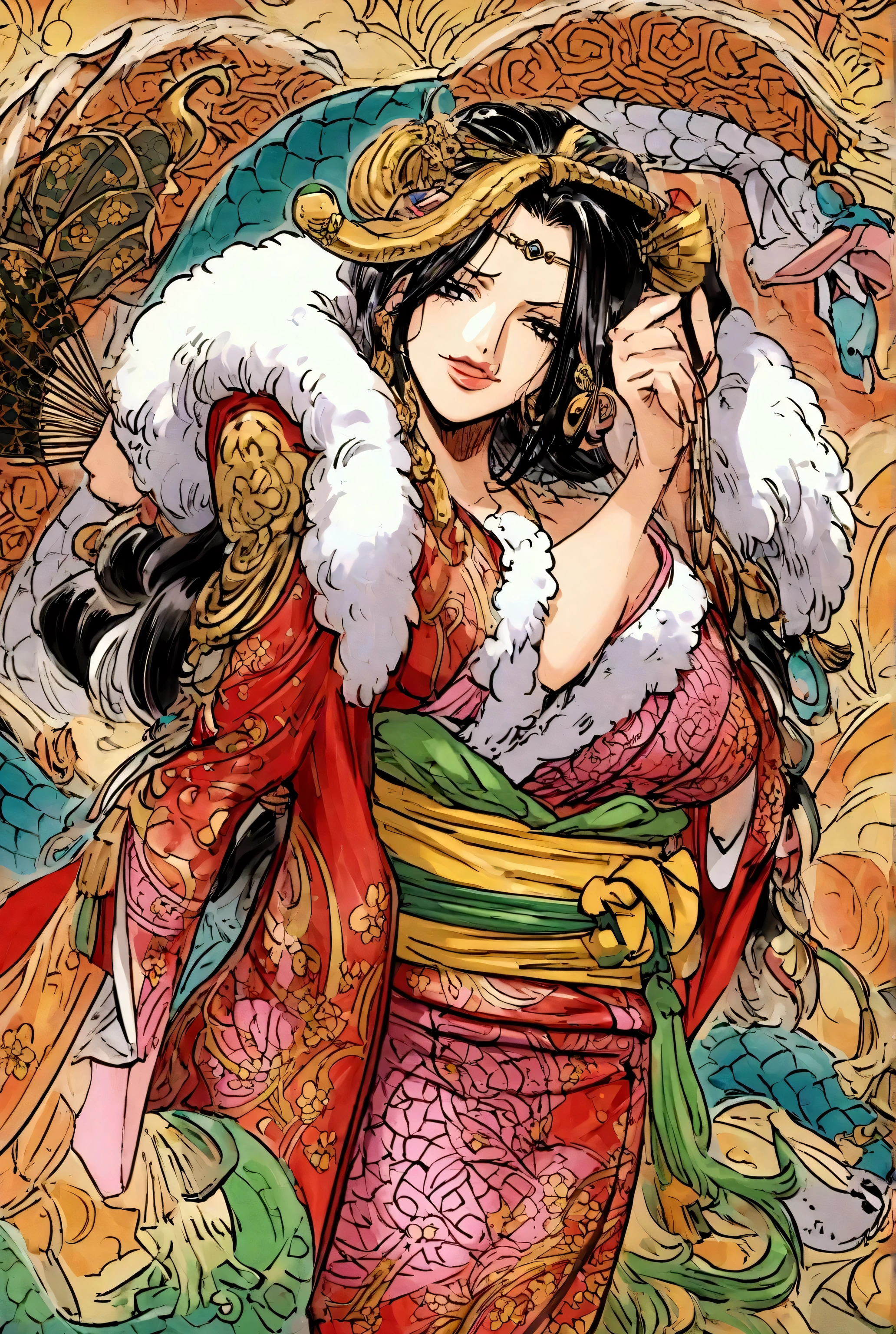 Create a concept illustration for a New Year's greeting featuring Boa Hancock, a character from the Japanese manga One Piece, depicted in her iconic seductive and feminine style. Include her signature large snake, Salome, staying true to their original designs and facial features from the manga. Both Boa Hancock and Salome should have cheerful expressions, and the artwork should maintain an anime-style aesthetic with bold colors. Subtly integrate traditional New Year elements, such as red and gold hues, festive patterns, or symbolic items like kagami mochi or a Japanese fan, into the composition.