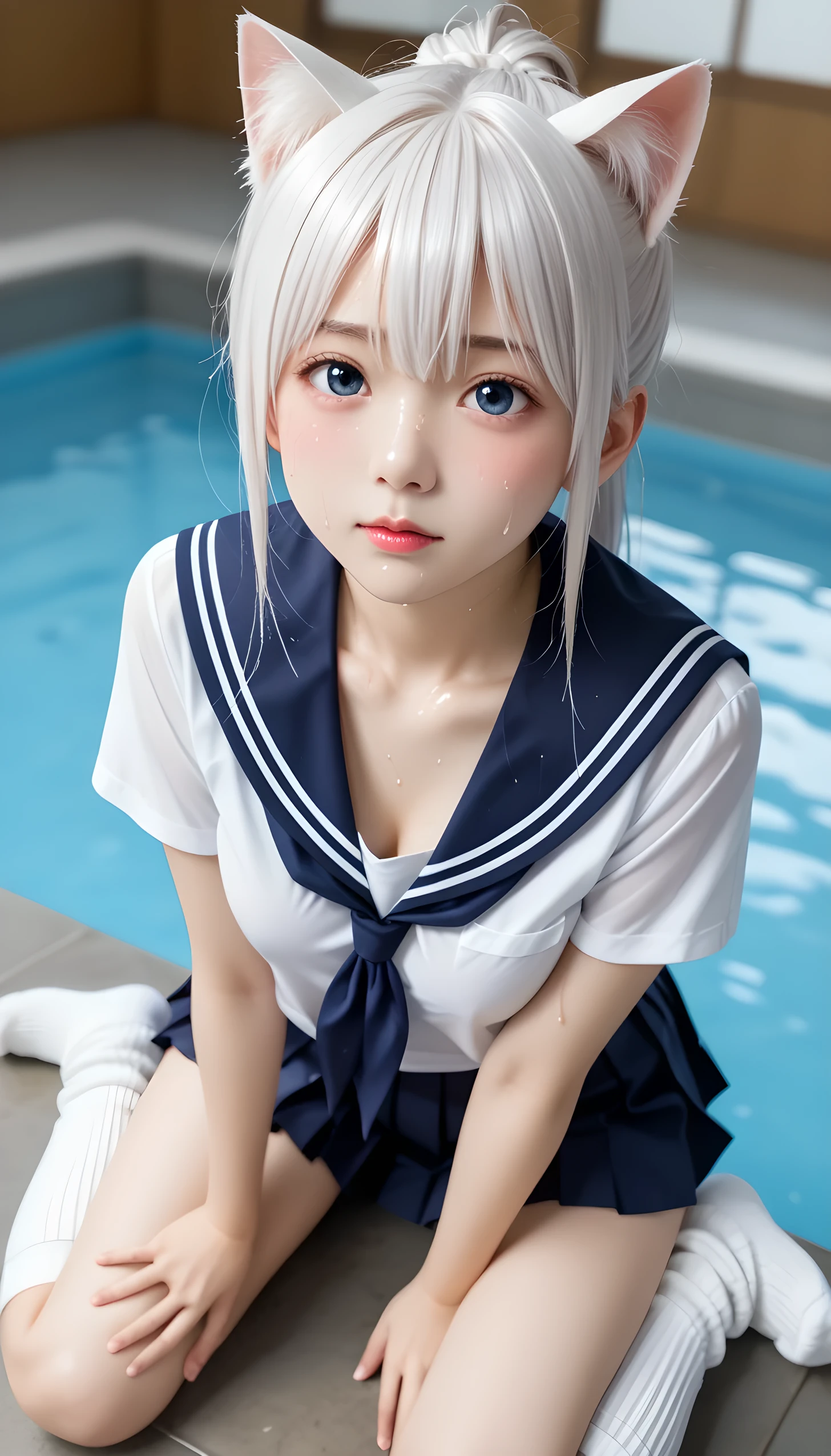  wet、masterpiece 、  top quality  、 Super high resolution、 realistic、 beautiful lighting arranged in an orderly manner、  RAW photos 、4K Ultra HD、  super detailed face、Clear Face、1080P、Detailed eye、 beautiful eyes、(Embarrassed)、 with blue eyes 、Silver-white hair、 Ponytail、 horny 、 young gravure idol who lost weight、cat ears、 white gloves、((( taut chest、 tight breasts)))、((( viewersに近づけるようにお口を持っていきます)))、(((wet Japanese ***************** girl 、  navy sailor color 、Japanese ***************** girl wearing wet open shirt 、 wet pleated skirt 、 Loose Socks 、Wear black shorts)))、Japanese female ***************** students wearing school swimsuits 、((Indoor Pool、Inside a shallow pool tank))、(( viewersを見つめながら顔を近づけキスをする)) break ( messy bun  ) break ((( EXTREME FACE UP SHOT ,  viewers, the above ))), ((  viewersにひざまずく))、( perfect anatomy)、 break ((Upper eyelid))、((( midi skirt)))、 thin beautiful thighs 、 beautifully manicured hair 、 oily skin 、Five fingers