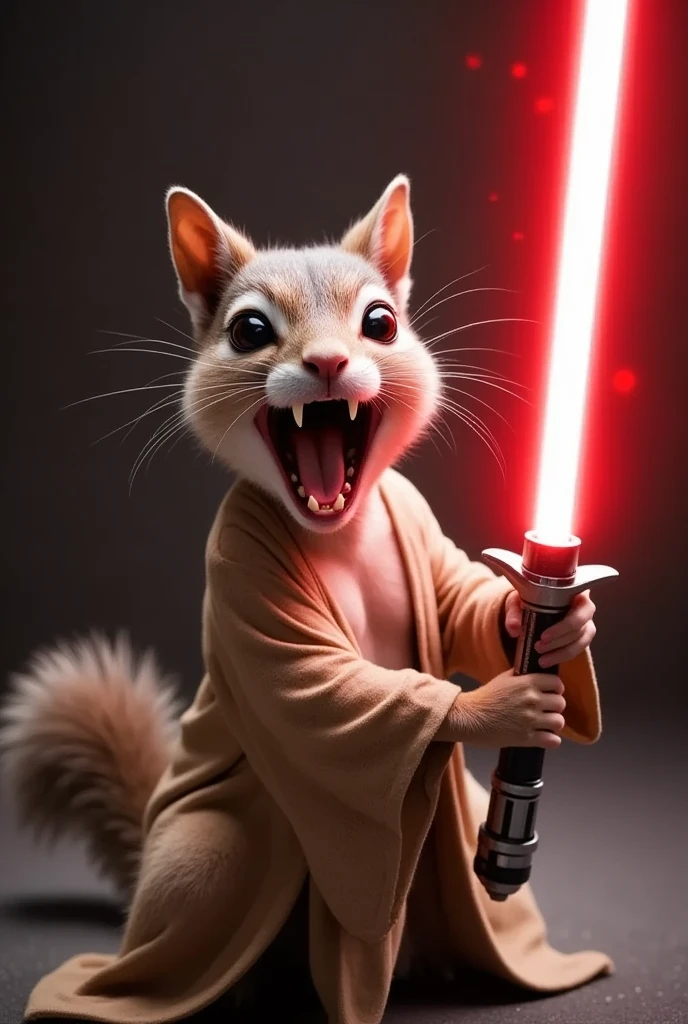 Create a close-up, dynamic portrait of a quirky, prehistoric squirrel with wildly bulging eyes and scruffy fur, reimagined as an evil Jedi. His wide-open mouth is frozen mid-scream, revealing sharp teeth, and his crazed expression radiates madness and dark power. He wields a glowing red lightsaber, the fiery glow reflecting off his wide, manic eyes and scruffy fur.
His bushy tail arches behind him, adding to his dramatic silhouette, and he wears a tattered Sith robe that drapes menacingly over his small frame. The plain, dark background enhances the focus on his chaotic energy and villainous presence. Rendered in 8k resolution, with hyper-realistic textures capturing the chaotic detail of his fur, eyes, and the dramatic lighting from the lightsaber, creating an intense and cinematic masterpiece