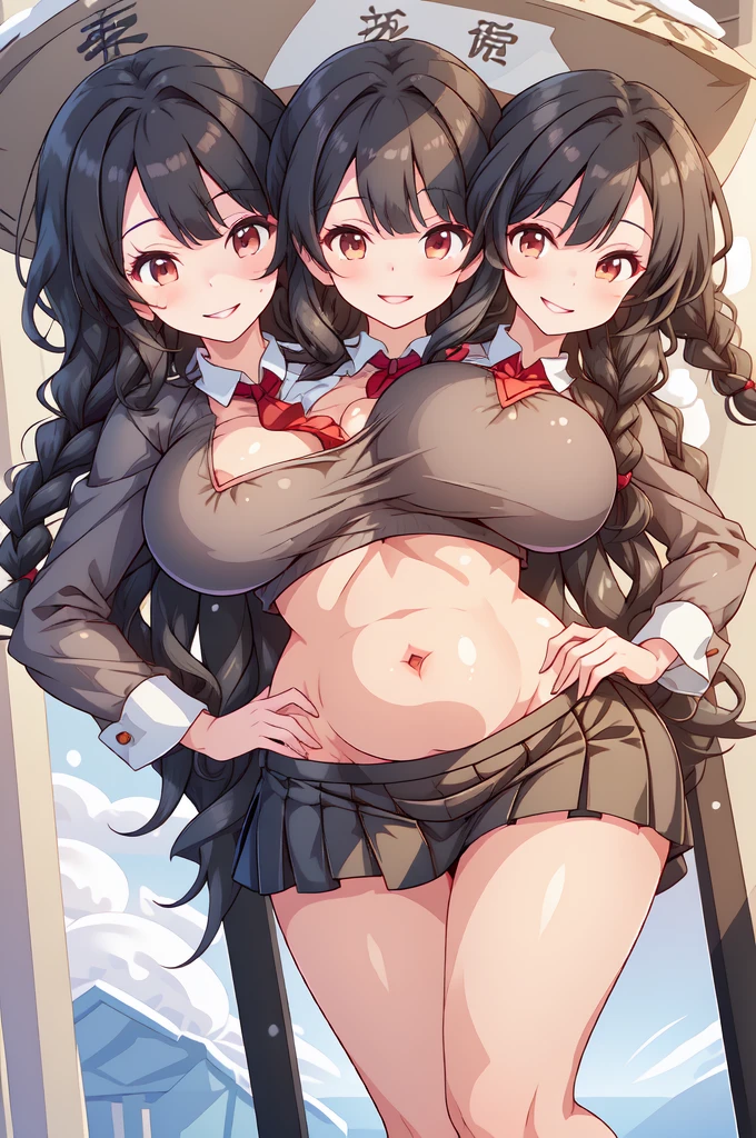 (masterpiece, best quality), best quality, (ultra-detailed), ((3heads:1.5)), ((three headed girl:1.5)) 1girl, (Yatadera Narumi):1.3), masterpiece, best quality, ultra quality, ultra resolution, ultra detail, gray top, crop top, ((stomach)), midriff, ((groin)), gray skirt, normal ears, shackles, (black hair:1.5), very long hair, wavy hair, sidelocks, dark brown eyes, extremely detailed eyes, wears a frilly, snow-covered conical straw hat, parted lips, open belly, (smiling:1.5), (soft smile:1.5), cute smile cute, toned belly, hand on own chest, eyelashes, (2 woman:1.3), (masterpiece:1.5), (best quality:1.5), (beautiful detailed:1.5), extremely detailed CG, extremely delicate and beautiful, depth of field, (finely detailed face), (perfect details:1.2), (mature female:1.3), sexy body, slender, very large veiny breast, 16k resolution, highres, high quality, high definition, extremely detailed, masterpiece, best quality, black hair, long hair, alluring presence, long braids, twin long braids, short skirt, short skirt with pleats, close up, very big breasts, very huge breasts, young,
