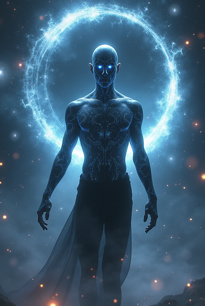 or "Deus das Dorus" can be represented as a cosmic figure of fluid and indefinite form, evoking the immensity of space. Your body could be composed of an ethereal substance, similar to a mixture of gas and light, with colors that vary between shades of blue, deep purple and black, creating a visual effect reminiscent of nebulae in the universe.
His appearance would not be fixed, but constantly in motion, as if he were in a perpetual state of transformation. orlhos brilhantes, como estrelas distantes, would be located on a face partially hidden by shadows, revealing only flashes of light.
Around her, rings of stellar particles and cosmic fragments would orbit in complex patterns, symbolizing your connection to the universe. your hands, made of pure energy, could shape and manipulate space-time, creating subtle distortions in the reality around you.
or "Deus das Dorus" emanates an aura of mystery and power, as an entity that transcends human understanding, representing the balance and vastness of the cosmos.