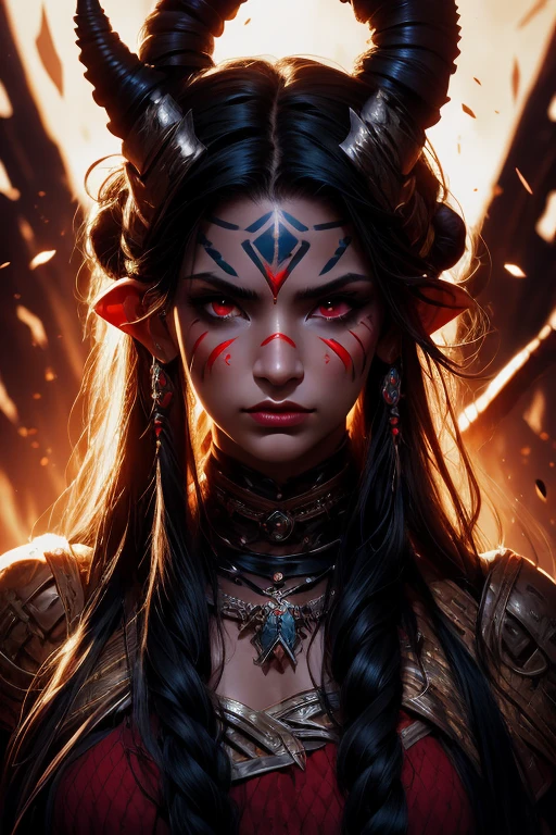 Avatar character , ((face portrait:1.5)), 1 , female, (gray skin tone:1.0), ( long hair:1.0), black hair color,  Red Eyes, (young adult), 18 years old:1, (Pointy Fangs  ), Facial wrinkles, wearing tribal clothes, wearing a top,  Detailed eyes, corpo tonificado,  muscular body ,  vibrant colors , shining, ethereal atmosphere,  surreal and dreamy lighting,  textured skin , supernatural beauty, mesmerizing photography , ( best quality ,  highres icon),  vivid colors , Ultrarealistic,   SKIN DETAILS  , striped skin, sfw, close-up do rosto:0.5, ultra-detailed body