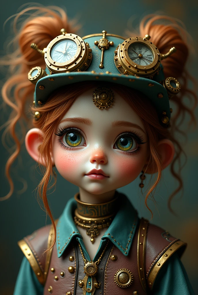 close-up, short blonde curly hair child girl the little red hat, clock on necklace, (Victorian era), ((steampunk)), cinematography, worked, elegant, meticulous, magnificent, maximum detail, extremely hyper-aesthetic, intricately detailed, lots of gears, old town background
