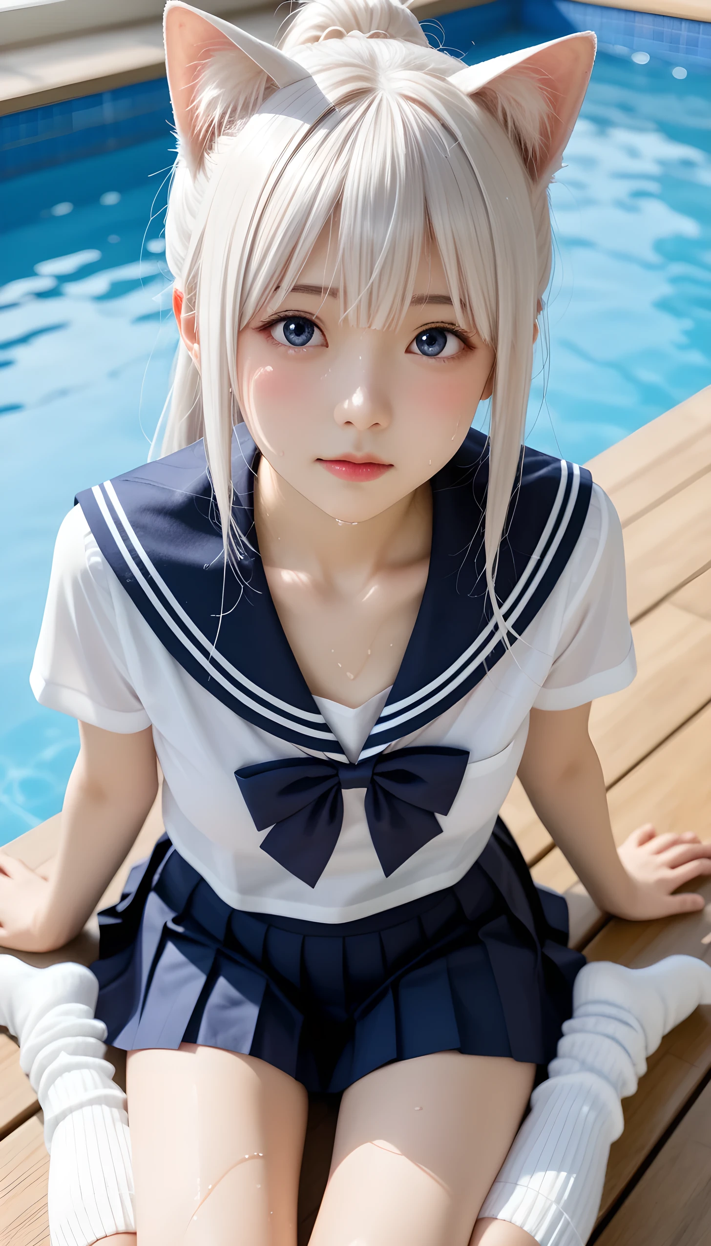  wet、masterpiece 、  top quality  、 Super high resolution、 realistic、 beautiful lighting arranged in an orderly manner、  RAW photos 、4K Ultra HD、  super detailed face、Clear Face、1080P、Detailed eye、 beautiful eyes、(Embarrassed)、 with blue eyes 、Silver-white hair、 Ponytail、 horny 、 young gravure idol who lost weight、cat ears、 white gloves、((( taut chest、 tight breasts)))、((( viewersに近づけるようにお口を持っていきます)))、(((wet Japanese elementary school girl 、  navy sailor color 、Japanese elementary school girl wearing wet open shirt 、 wet pleated skirt 、 Loose Socks 、Wear black shorts)))、Japanese female elementary school students wearing school swimsuits 、((Indoor Pool、Inside a shallow pool tank))、(( viewersを見つめながら顔を近づけキスをする)) break ( messy bun  ) break ((( EXTREME FACE UP SHOT ,  viewers, the above ))), ((  viewersにひざまずく))、( perfect anatomy)、 break ((Upper eyelid))、((( midi skirt)))、 thin beautiful thighs 、 beautifully manicured hair 、 oily skin 、Five fingers