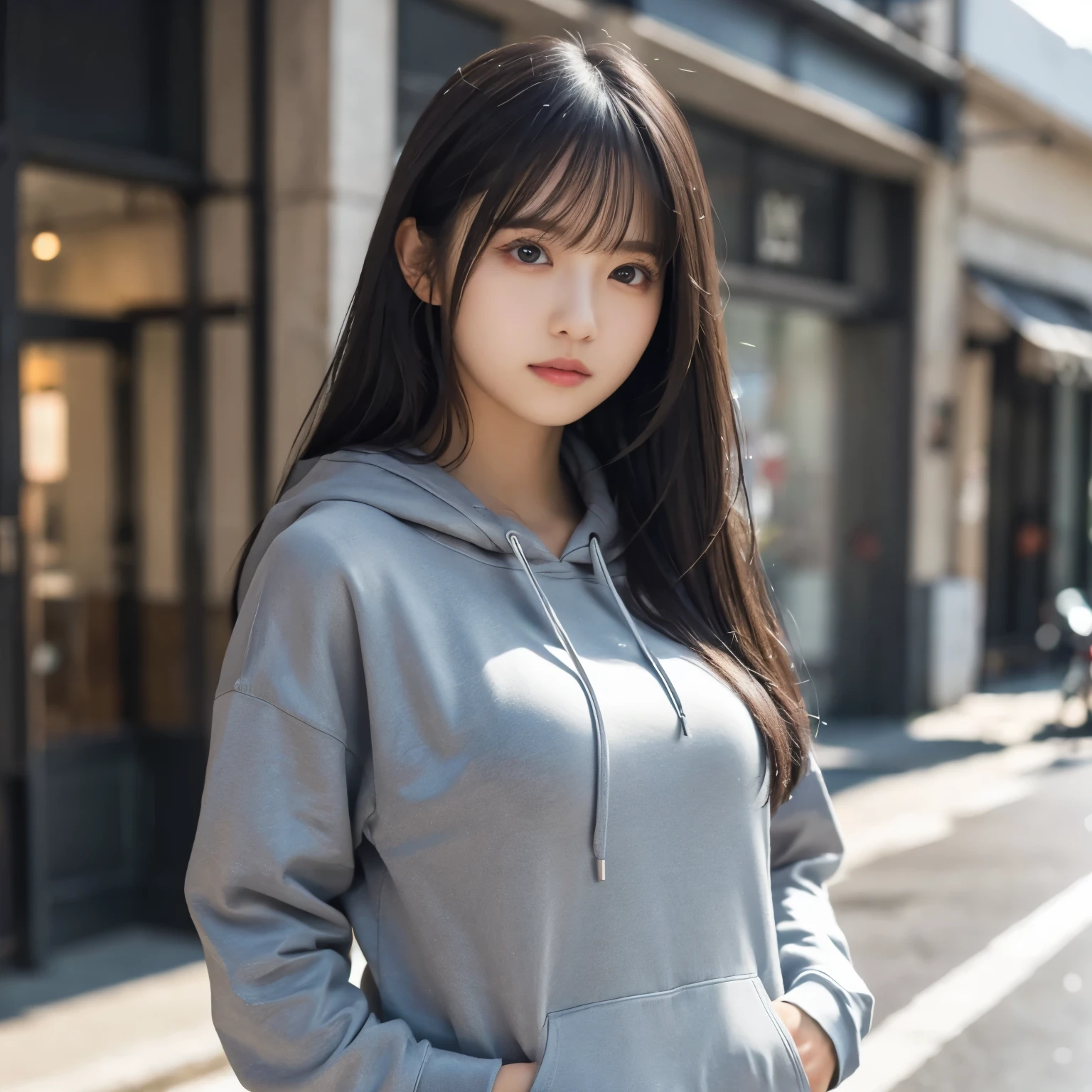  light gray hoodie ,The wind messes up my hair,  girl, busty,  black hair,  straight hair,  with bangs, 's greatest masterpiece,  professional lighting, reflex version