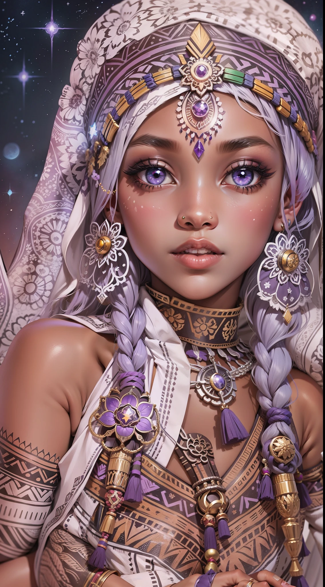 Coloring book pages, purple & white, 32K, Full body view, Very beautiful tribal brown skinned girl, Extremely detailed painting on her face and body 、Brightly colored painting , Stunning bright eyes , Gorgeous white hair,With highlights, Magical starry sky background