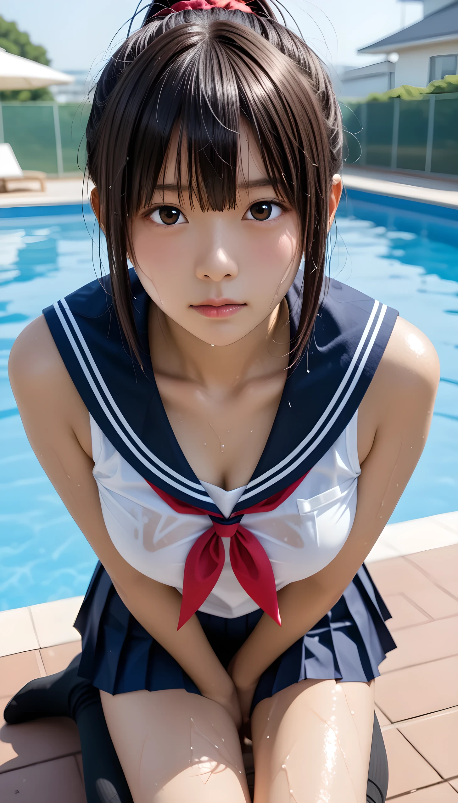  Wet 1 Japanese Female  Student 、masterpiece 、  top quality  、 Super high resolution、 realistic、 beautiful lighting arranged in an orderly manner、  RAW photos 、4K Ultra HD、  super detailed face、Clear Face、Detailed eye、 beautiful eyes、(Embarrassed)、1080P、 tan dark skin 、 black hair,   wet hair、 short bob cut , bangs、 Ponytail、 horny 、 young gravure idol who lost weight、、 red headband、 white gloves、((( taut chest、 tight breasts)))、((( viewersに近づけるようにお口を持っていきます)))、((( wet hair ))),((( blue sky)))、(((Wet Japanese Female Middle Schoolavy sailor color 、 with both shoulders out 、 wet pleated skirt 、 black knee socks、Wear black shorts)))、 Japanese Female Middle School Student Wearing Wet School Uniform、((small outdoor pool 、 viewersを見つめながら顔を近づけキスをする)) break ( messy bun  ) break ((( EXTREME FACE UP SHOT ,  viewers, the above ))), ((  viewersにひざまずく))、( perfect anatomy)、 break ((Upper eyelid))、((( midi skirt)))、 thin beautiful thighs 、 beautifully manicured hair 、 oily skin 、Five fingers