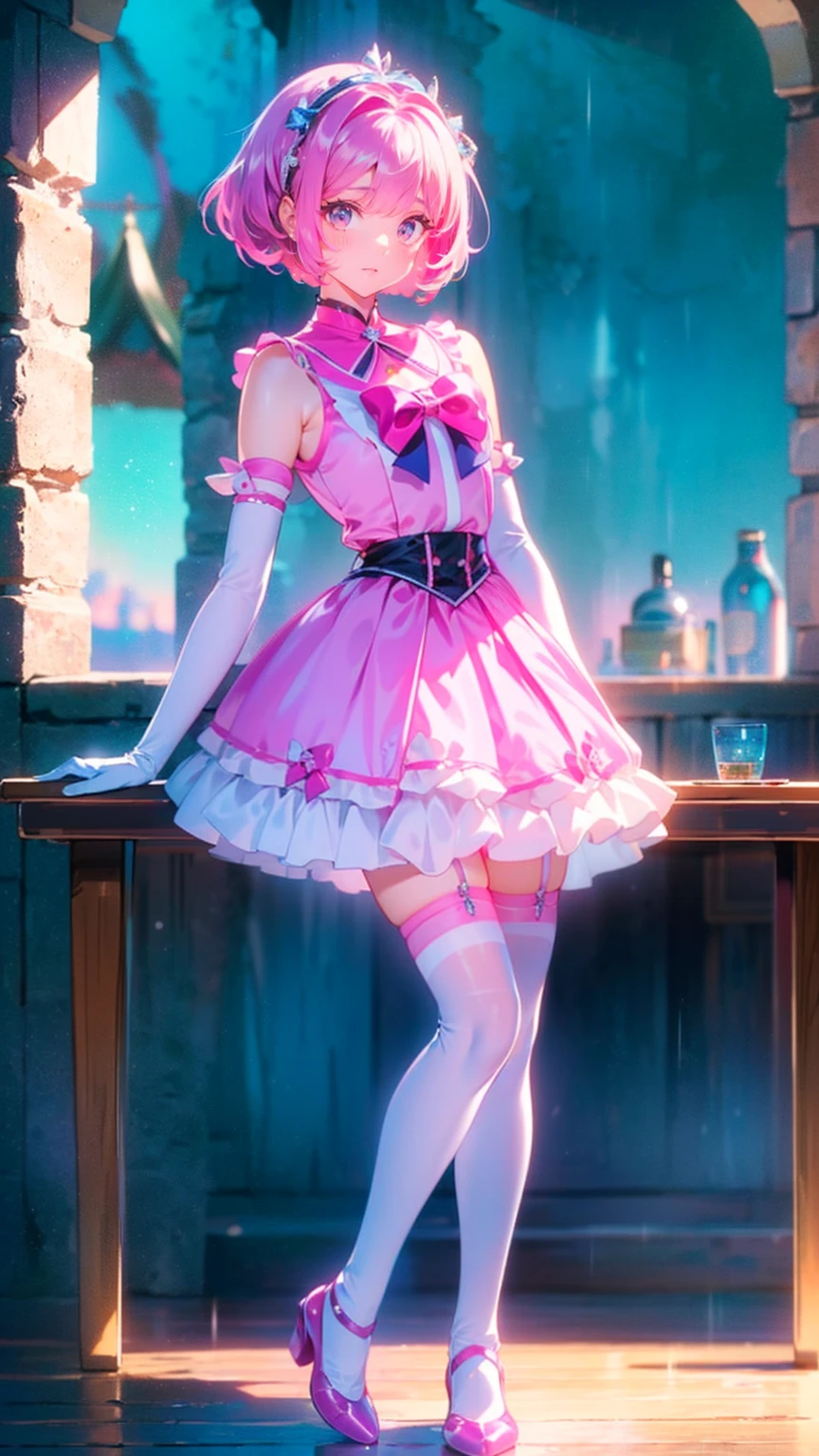 (  highly detailed eyes ), (((Fabric Shading))), ((( for a location ))), ((( table top))), (((super fine CG))),  The Depth of Written Boundaries, ******, ((( Magical Girl))), ( small), ( small breasts),  pink hair, (( shorthair )), pink eye, (((  Brilliant and Colorful  , Sleeveless satin dress))),  pink satin skirt ,  pleated skirt , (( elbow gloves )),  long gloves,  The white satin gloves  ,  white garter belt ,  White Satin Knee Socks , White satin color, Pink satin ribbon chest, (((非常に詳細でUltra glossyのあるサテンの衣服))), (((Ultra glossy, Smooth Satin Gloves))), ((( game cg))), ((Nearby sky, Old ruins)), ((Heavy Latex Rain)), ((Narrow Passage)), ( manly, anger, discovery, side)
