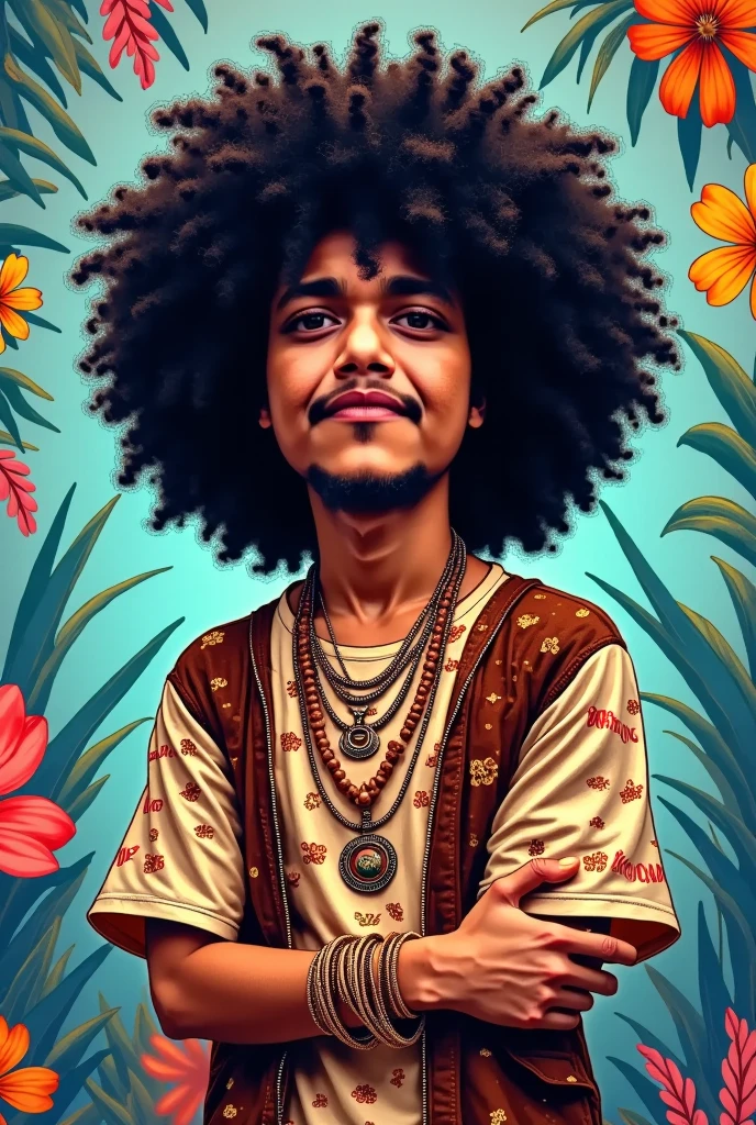   An anime-style male character with long Afro hair  ,   bulky and round  .   Your hair must be curly  , with fluffy texture  ,   and extends around her head in a perfectly symmetrical way  .   She wears detailed bohemian clothing  ,   with intricate patterns and accessories , like necklaces or bracelets  .   She is in a fun and dynamic pose  ,   showing a cheerful and carefree expression  .   The background must be colorful and vibrant  ,   with abstract patterns and floral motifs in bright and harmonious colors Rosas .   The lighting should be mostly blue  ,   bathing the character and the background with fresh tones that highlight the details .

