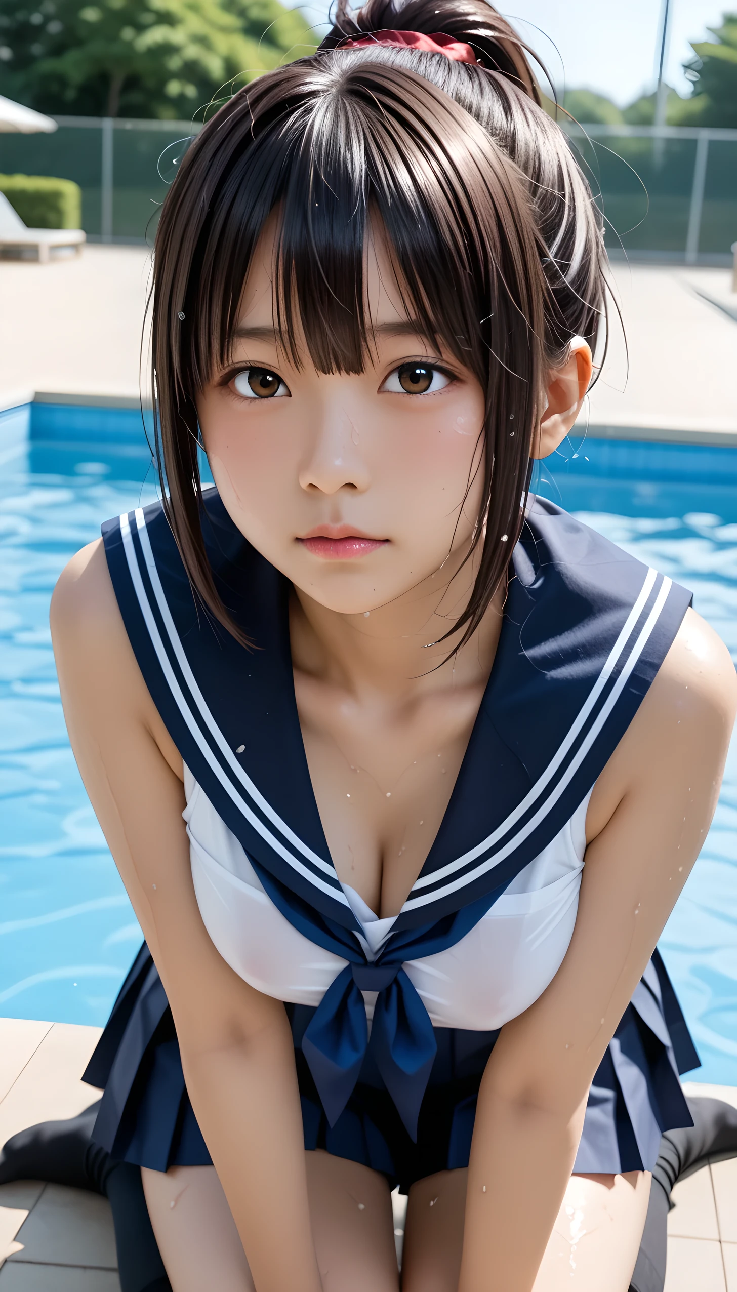  Wet 1 Japanese Female  Student 、masterpiece 、  top quality  、 Super high resolution、 realistic、 beautiful lighting arranged in an orderly manner、  RAW photos 、4K Ultra HD、  super detailed face、Clear Face、Detailed eye、 beautiful eyes、(Gaze sideways)、1080P、 tan dark skin 、 black hair,   wet hair、 short bob cut , bangs、 Ponytail、 horny 、 young gravure idol who lost weight、、 red headband、 white gloves、((( taut chest、 tight breasts)))、((( viewersに近づけるようにお口を持っていきます)))、((( wet hair ))),((( blue sky)))、(((Wet Japanese Female Middle Schoolavy sailor color 、 with both shoulders out 、 wet pleated skirt 、 black knee socks、Wear black shorts)))、 Japanese Female Middle School Student Wearing Wet School Uniform、((small outdoor pool 、 viewersを見つめながら顔を近づけキスをする)) break ( messy bun  ) break ((( EXTREME FACE UP SHOT ,  viewers, the above ))), ((  viewersにひざまずく))、( perfect anatomy)、 break ((Upper eyelid))、((( midi skirt)))、 thin beautiful thighs 、 beautifully manicured hair 、 oily skin 、Five fingers