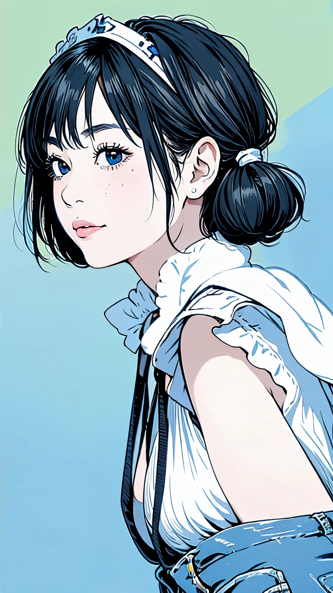Famous Paintings、 top quality、woman、Freckles、 Twin Tails Black Hair 、bangs、I can see my teeth being straightened with a smile、 profile、 upper body、 maid clothes 、 headband、Eye patch、 moderate bust、
