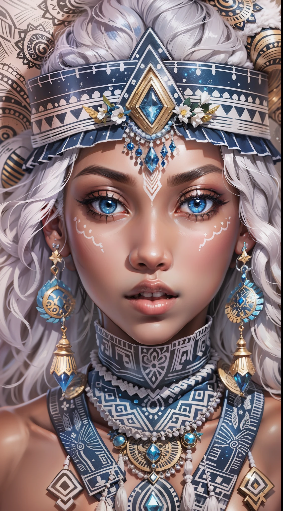 Coloring book pages, blue & white, 32K, Full body view, Very beautiful tribal brown skinned girl, Extremely detailed painting on her face and body 、Brightly colored painting , Stunning bright eyes , Gorgeous white hair,With highlights, Magical starry sky background