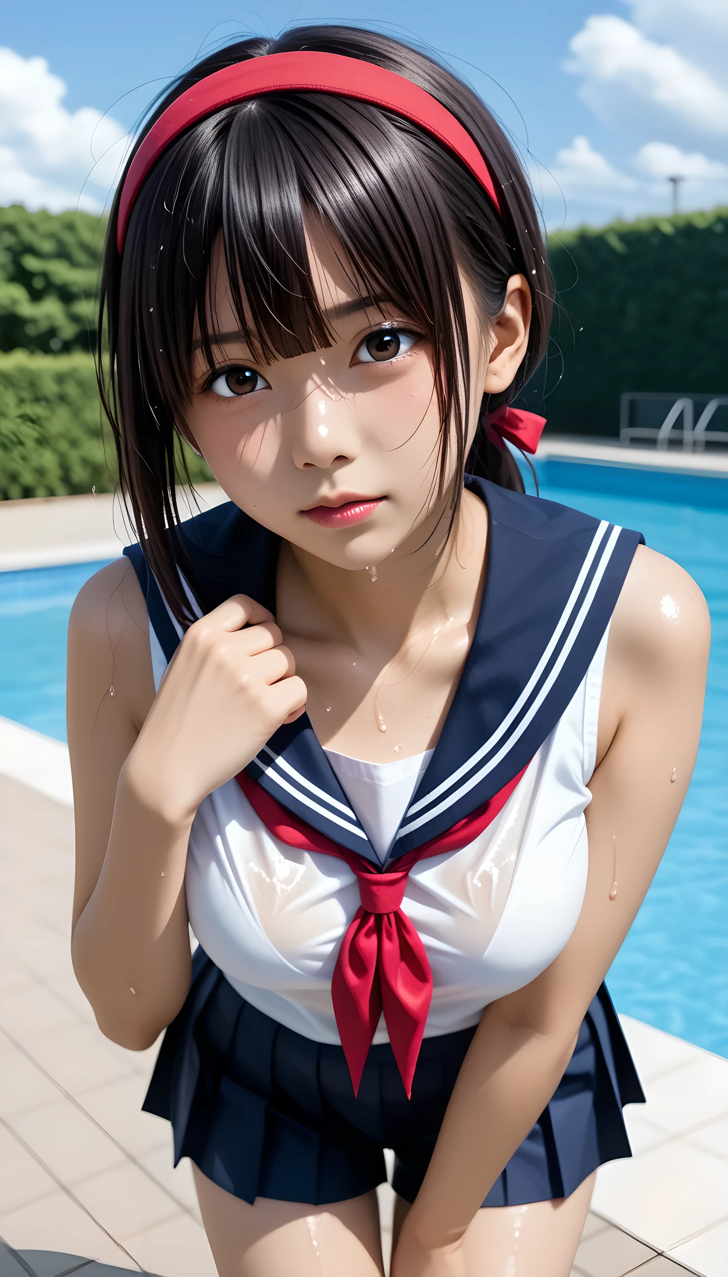  Wet 1 Japanese Female Middle School Student 、masterpiece 、  top quality  、 Super high resolution、 realistic、 beautiful lighting arranged in an orderly manner、  RAW photos 、4K Ultra HD、  super detailed face、Clear Face、Detailed eye、 beautiful eyes、(Gaze sideways)、1080P、 tan dark skin 、 black hair,   wet hair、 short bob cut , bangs、 Ponytail、 horny 、 young gravure idol who lost weight、、 red headband、 white gloves、((( taut chest、 tight breasts)))、((( viewersに近づけるようにお口を持っていきます)))、((( wet hair ))),((( blue sky)))、(((Wet Japanese Female Middle School Student 、  navy sailor color 、 with both shoulders out 、 wet pleated skirt 、 black knee socks、Wear black shorts)))、 Japanese Female Middle School Student Wearing Wet School Uniform、((small outdoor pool 、 viewersを見つめながら顔を近づけキスをする)) break ( messy bun  ) break ((( EXTREME FACE UP SHOT ,  viewers, the above ))), ((  viewersにひざまずく))、( perfect anatomy)、 break ((Upper eyelid))、((( midi skirt)))、 thin beautiful thighs 、 beautifully manicured hair 、 oily skin 、Five fingers