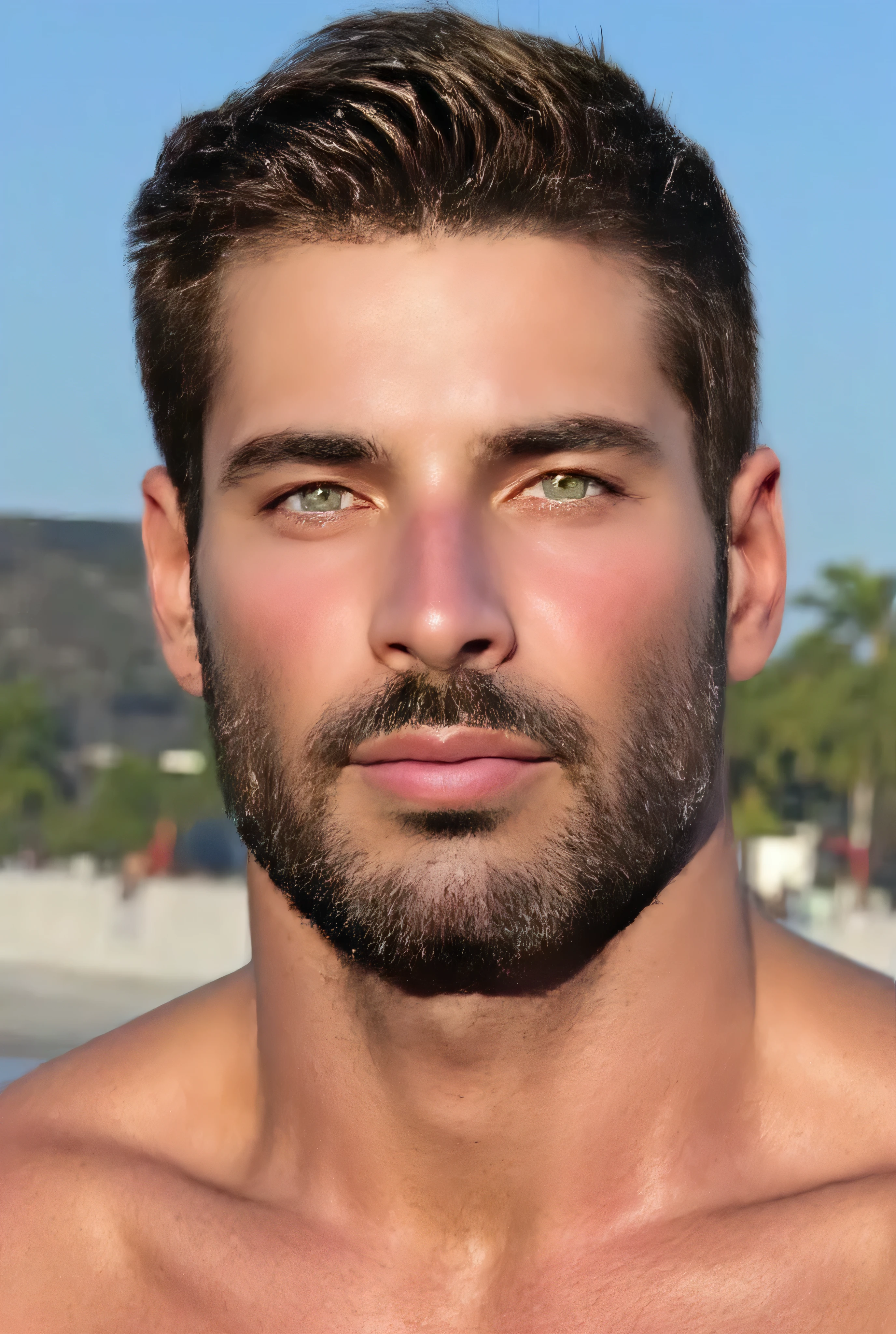 very realistic portrait of a handsome man, ((( identically face shaped original ))), with a 33-year-old man, very masculine face with well-defined and similar characteristics, real details. Short shining hair, . A full and well-trimmed beard, evenly covering the jaw and chin, with wide and straight edges near the cheekbones that enhance the structured facial contours. The face is full and virile and right  and natural shadows that give amplitude to the face. A straight and proportional Greek and Roman style nose with a well-balanced width. Thick, eyebrows realistically perfect alpha male masculine, (white skin:1.5).  (Real Chest-hair:1.5), the face conveys a lot of desire and the sensual and seductive expression and was richly produced. Light eyes in green and expressive with light tightening suggesting a smile in the eyes with wrinkles and lines of happy expression in the external corners combining with the smile style of pulled mouth.Cute male eyes. The lower eyelids are subtly elongated with trimming and descending curvilinear shape. Well-defined realistic lips with masculine thickness, the upper lip forms a cupid arch in heart with 2 defined tips and the lower lip hydrated with shine. The harmonic chin that connects the long sides of the face. Textured white skin highlighting skin pores in a realistic and uniform way, with a natural sun glow on damp skin, emphasizing fine details such as pores of skin texture lines. Little dimples.  The chest-hair torso is naked, showing an athletic but not defined but very strong physique and with very realistic hair with big muscles and perfect texture, wearing  swimming shorts and made of fine cotton in a sweatshirt. The handsome man is casually standing in a shower on the beach, with anatomically perfect and anatomically correct feet and calves, Best qBest quality, High details, Quality, Super details , (very realistic photo photo:1.3), NIKON, natural light, 8k, the definition is very high, XF IQ4, Anatomically 